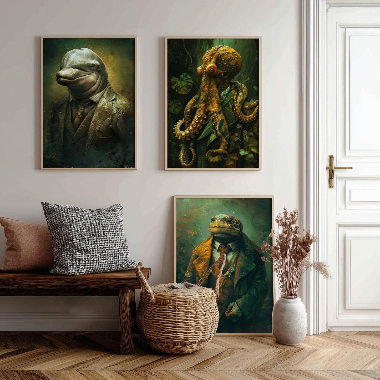 Animals in Suits Set of Three Art Prints - Dolphin, Octopus, Turtle Portrait Posters - Under the Sea Gentleman Painting