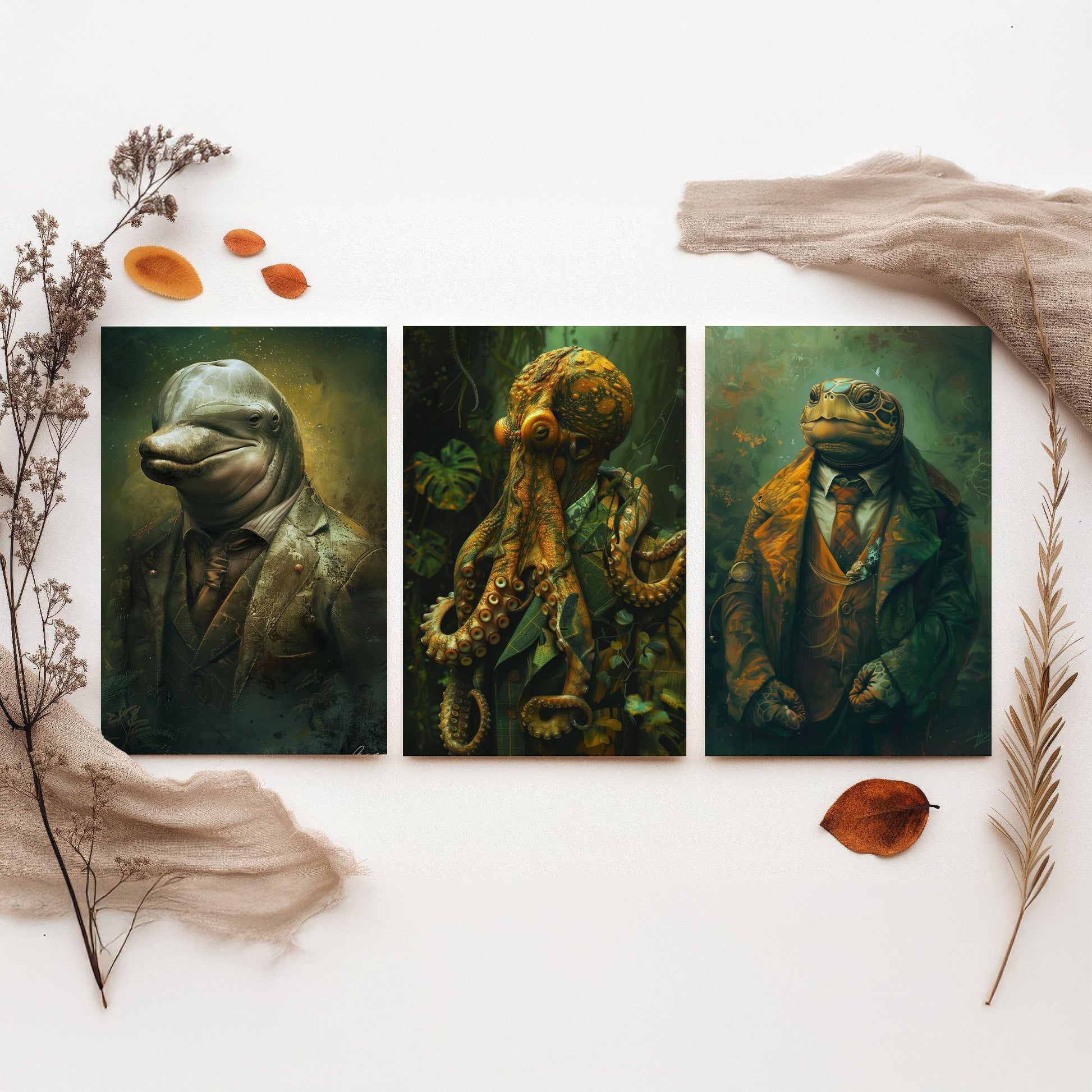 Animals in Suits Set of Three Art Prints - Dolphin, Octopus, Turtle Portrait Posters - Under the Sea Gentleman Painting
