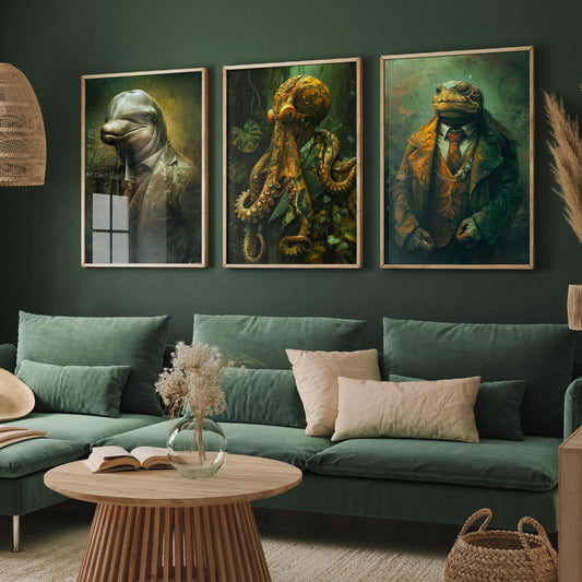 Animals in Suits Set of Three Art Prints - Dolphin, Octopus, Turtle Portrait Posters - Under the Sea Gentleman Painting