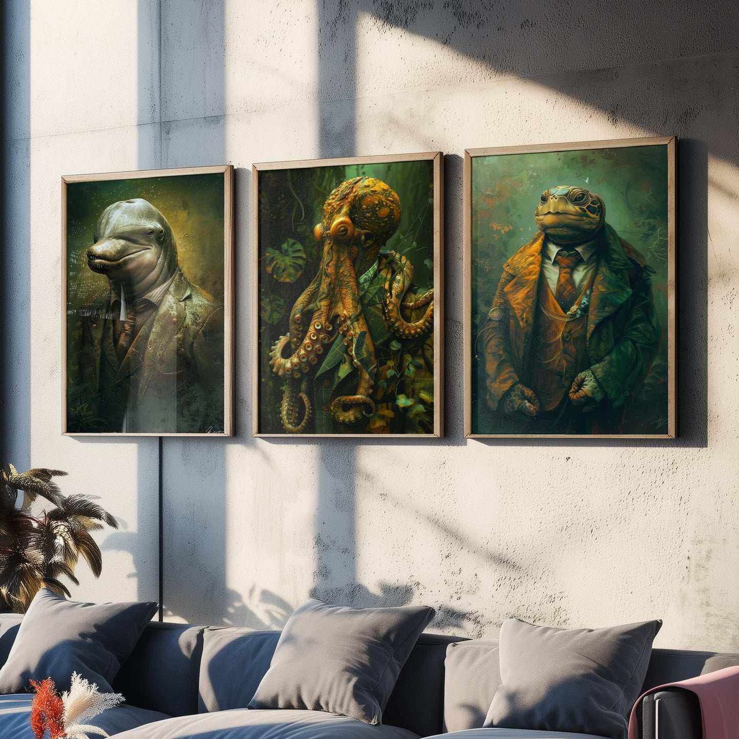 Animals in Suits Set of Three Art Prints - Dolphin, Octopus, Turtle Portrait Posters - Under the Sea Gentleman Painting