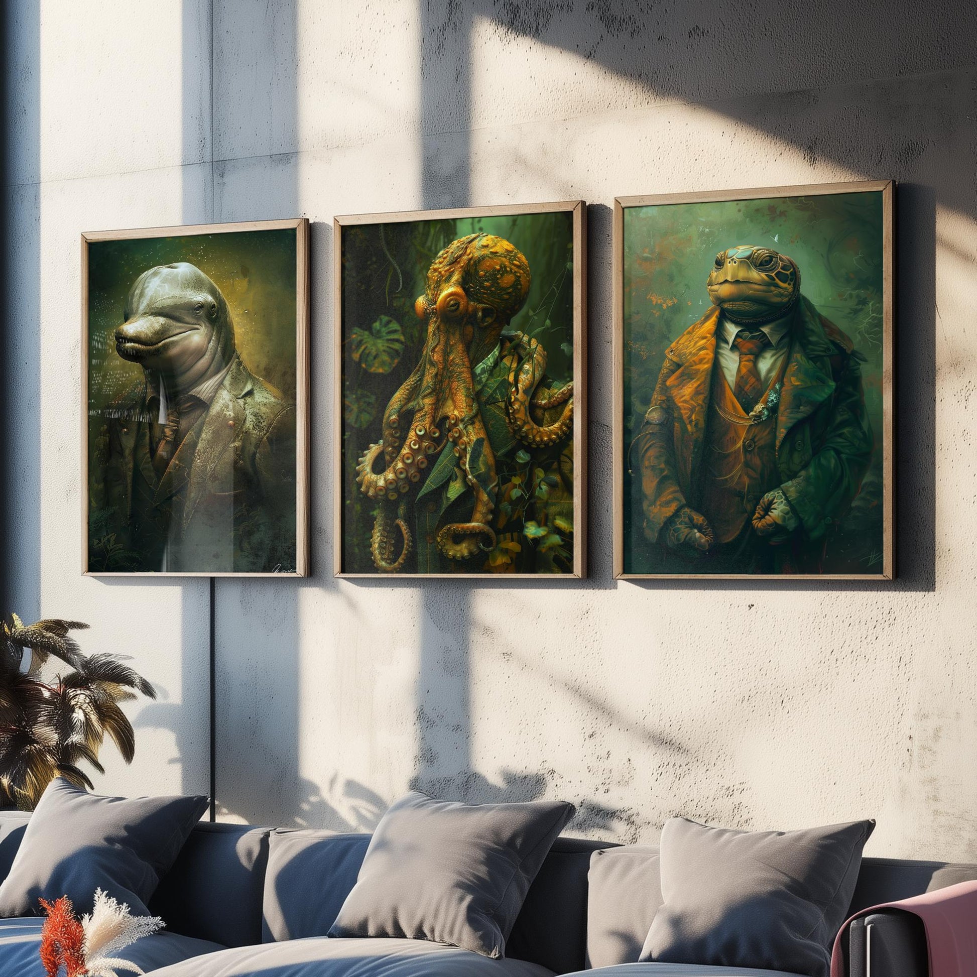 Animals in Suits Set of Three Art Prints - Dolphin, Octopus, Turtle Portrait Posters - Under the Sea Gentleman Painting