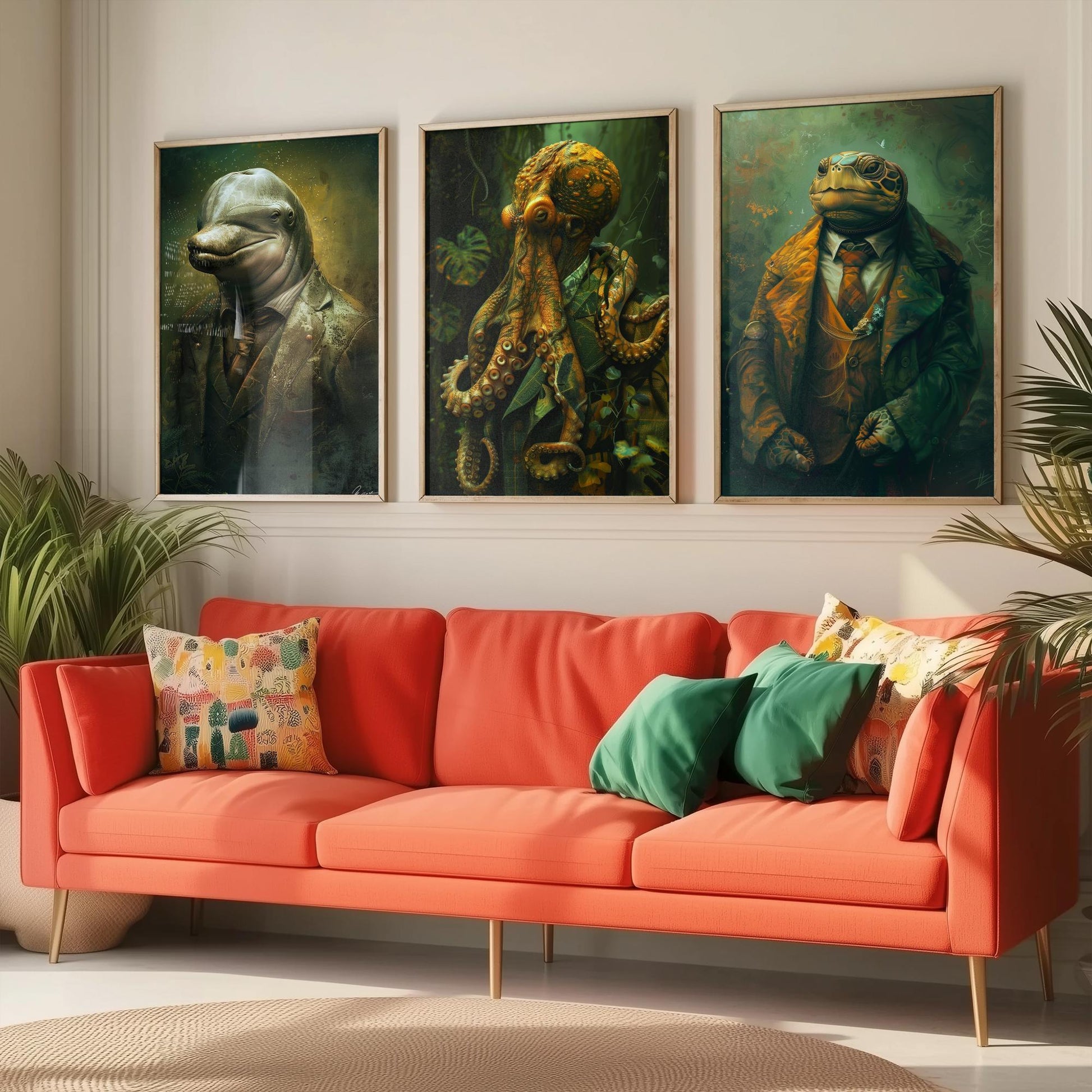 Animals in Suits Set of Three Art Prints - Dolphin, Octopus, Turtle Portrait Posters - Under the Sea Gentleman Painting