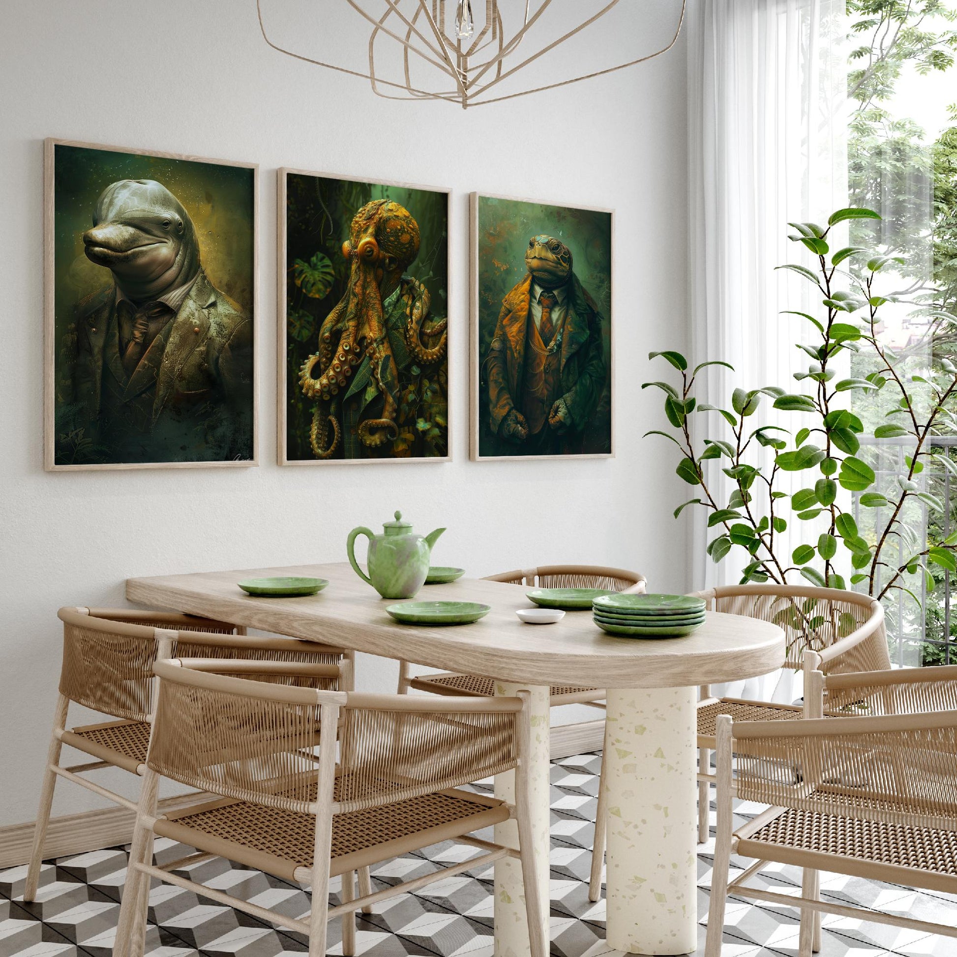 Animals in Suits Set of Three Art Prints - Dolphin, Octopus, Turtle Portrait Posters - Under the Sea Gentleman Painting