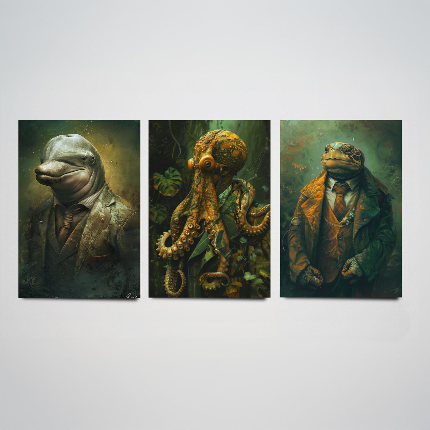 Animals in Suits Set of Three Art Prints - Dolphin, Octopus, Turtle Portrait Posters - Under the Sea Gentleman Painting