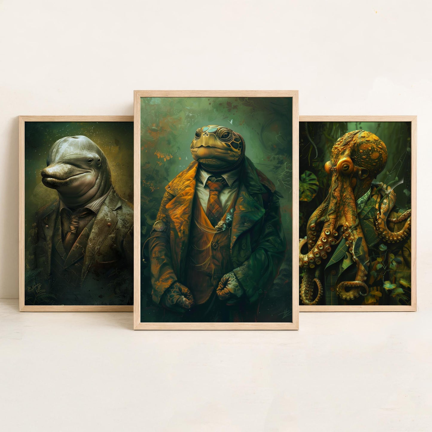 Animals in Suits Set of Three Art Prints - Dolphin, Octopus, Turtle Portrait Posters - Under the Sea Gentleman Painting