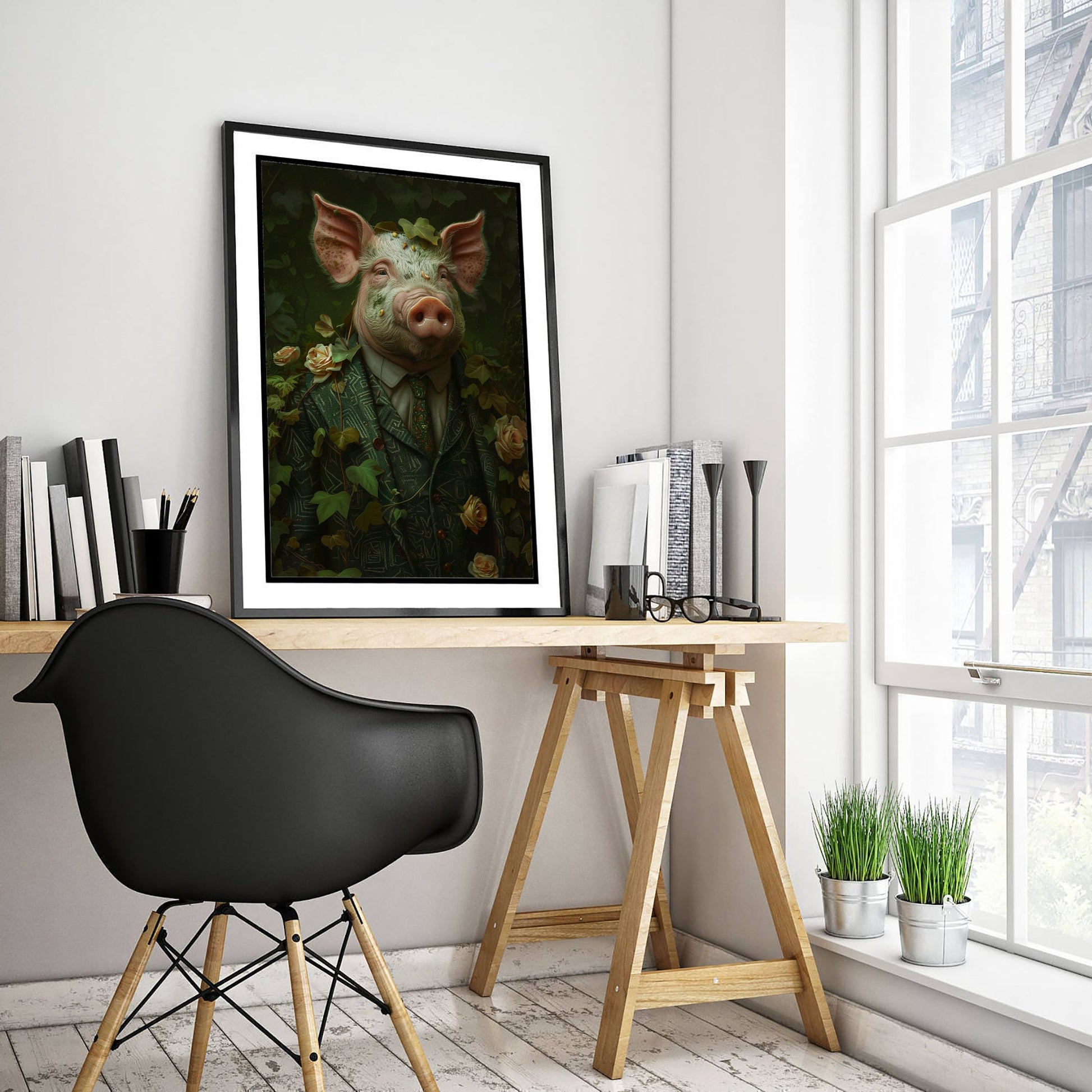 Pig in a Suit Art Print - Whimsical Animal Portrait Poster - Quirky Animal Painting - Dapper Farm Animal 1/3
