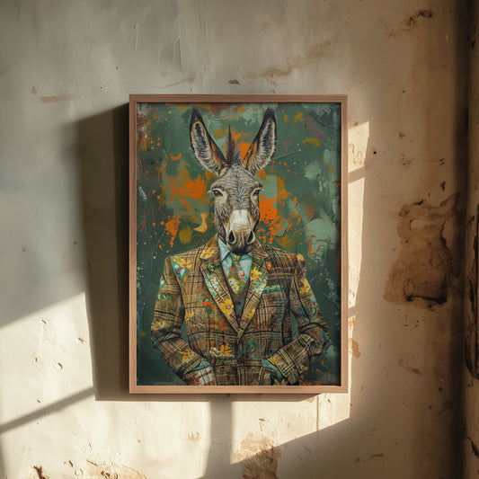 Donkey in a Suit Art Print - Whimsical Animal Portrait Poster - Quirky Animal Painting - Dapper Farm Animal 2/3