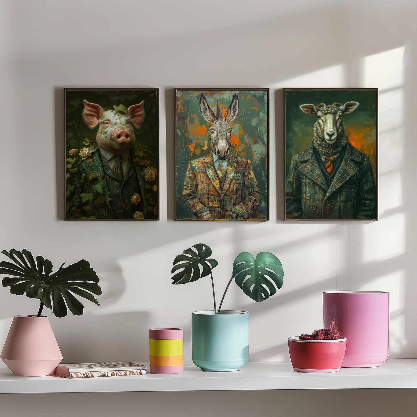 Animals in Suits Farmstead Set of Three Art Prints - Pig, Donkey, Sheep Portrait Posters - Country Farm Animal Painting