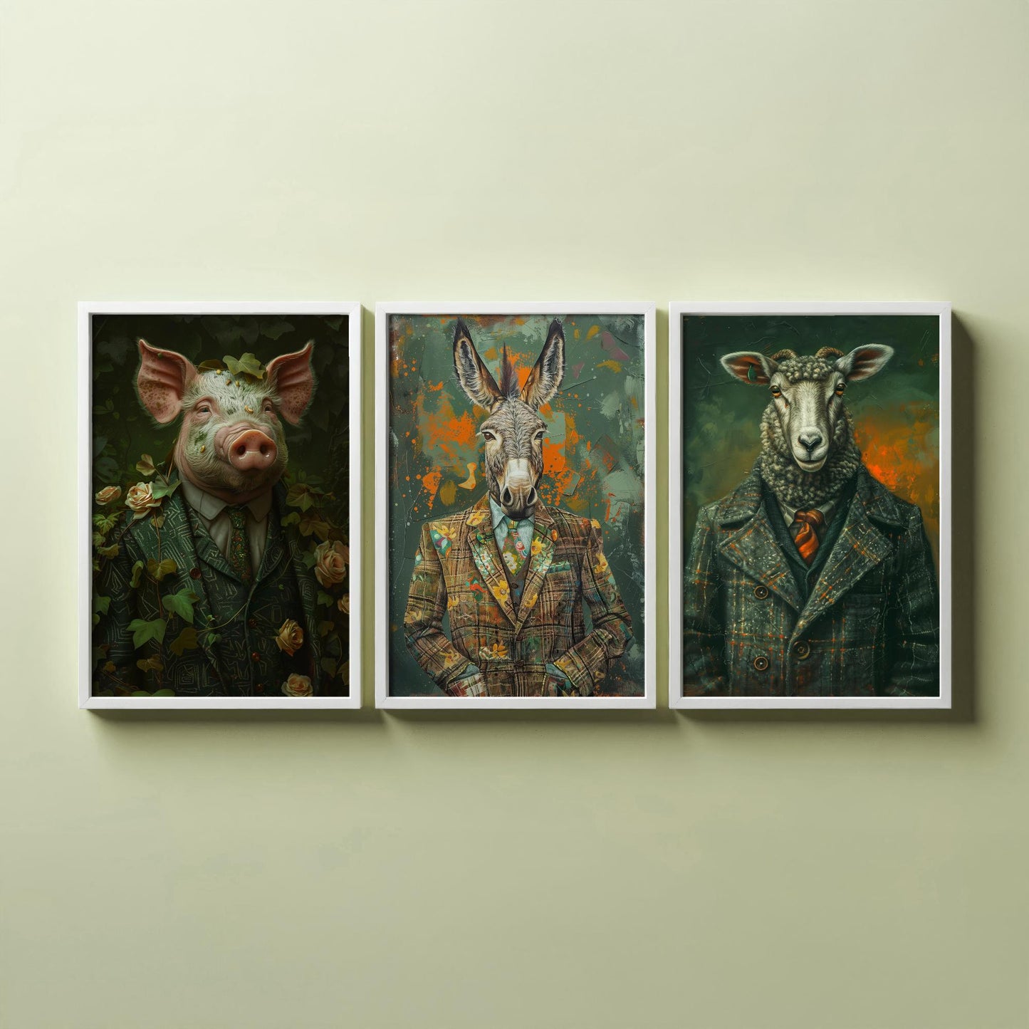 Animals in Suits Farmstead Set of Three Art Prints - Pig, Donkey, Sheep Portrait Posters - Country Farm Animal Painting