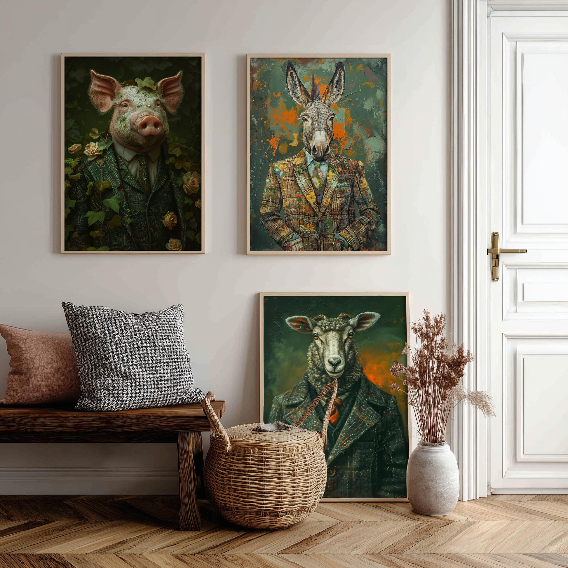 Animals in Suits Farmstead Set of Three Art Prints - Pig, Donkey, Sheep Portrait Posters - Country Farm Animal Painting