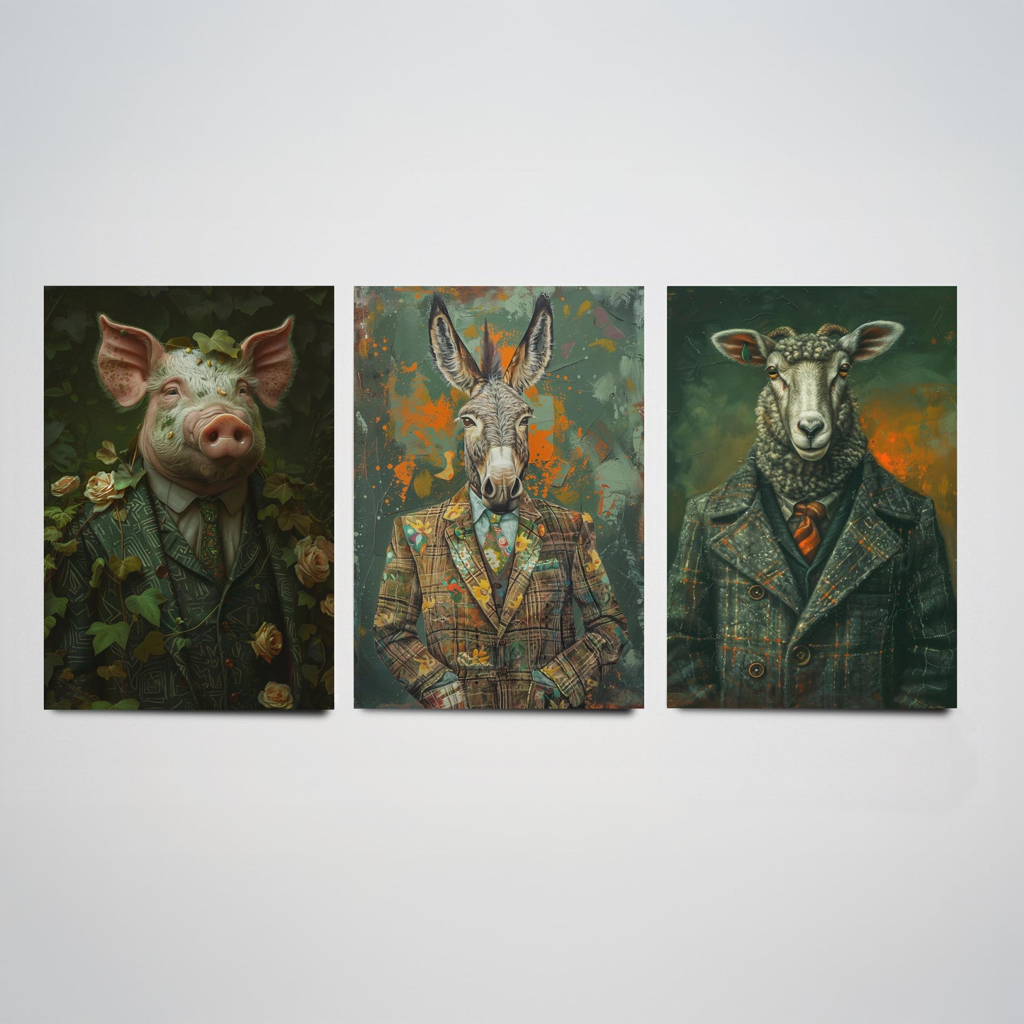 Animals in Suits Farmstead Set of Three Art Prints - Pig, Donkey, Sheep Portrait Posters - Country Farm Animal Painting