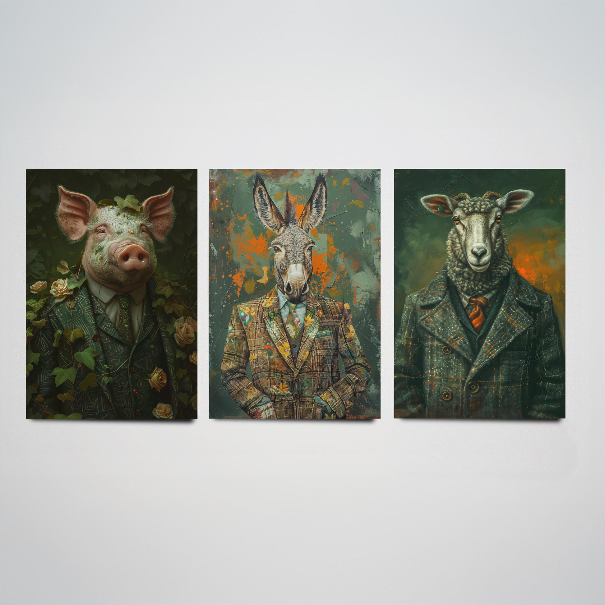Animals in Suits Farmstead Set of Three Art Prints - Pig, Donkey, Sheep Portrait Posters - Country Farm Animal Painting