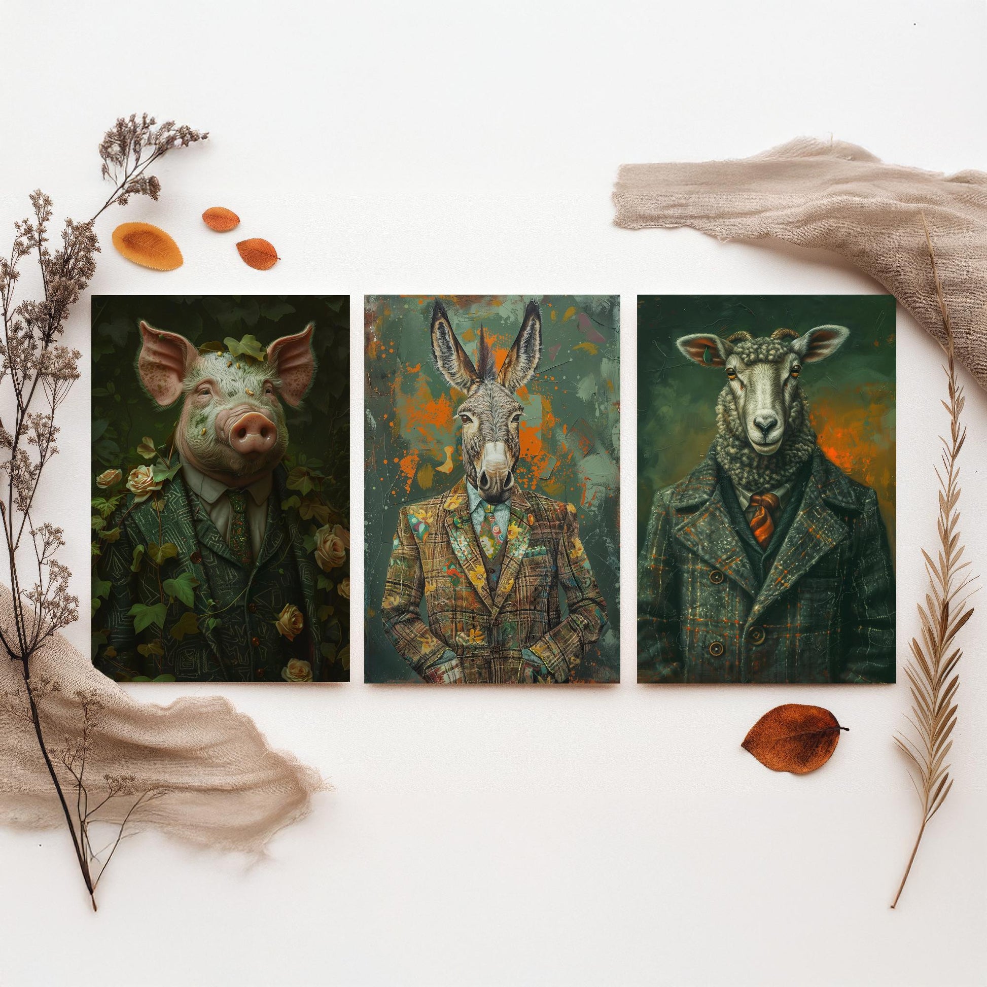 Animals in Suits Farmstead Set of Three Art Prints - Pig, Donkey, Sheep Portrait Posters - Country Farm Animal Painting
