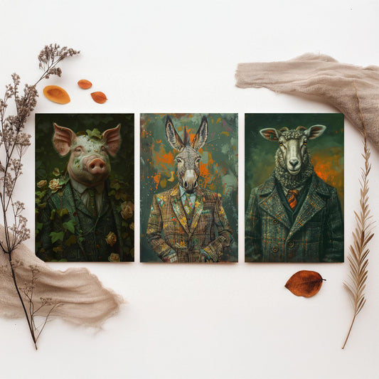 Animals in Suits Farmstead Set of Three Art Prints - Pig, Donkey, Sheep Portrait Posters - Country Farm Animal Painting