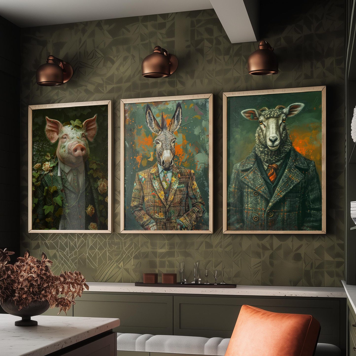 Animals in Suits Farmstead Set of Three Art Prints - Pig, Donkey, Sheep Portrait Posters - Country Farm Animal Painting