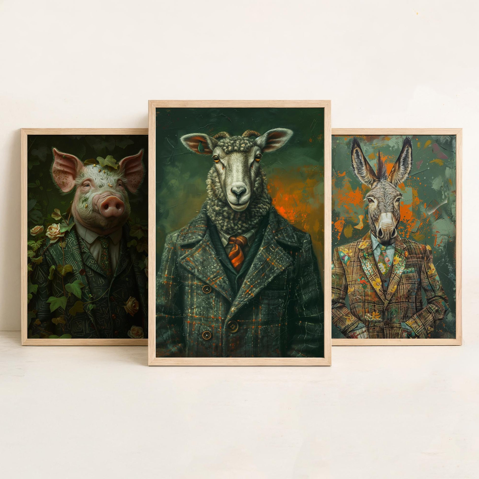 Animals in Suits Farmstead Set of Three Art Prints - Pig, Donkey, Sheep Portrait Posters - Country Farm Animal Painting
