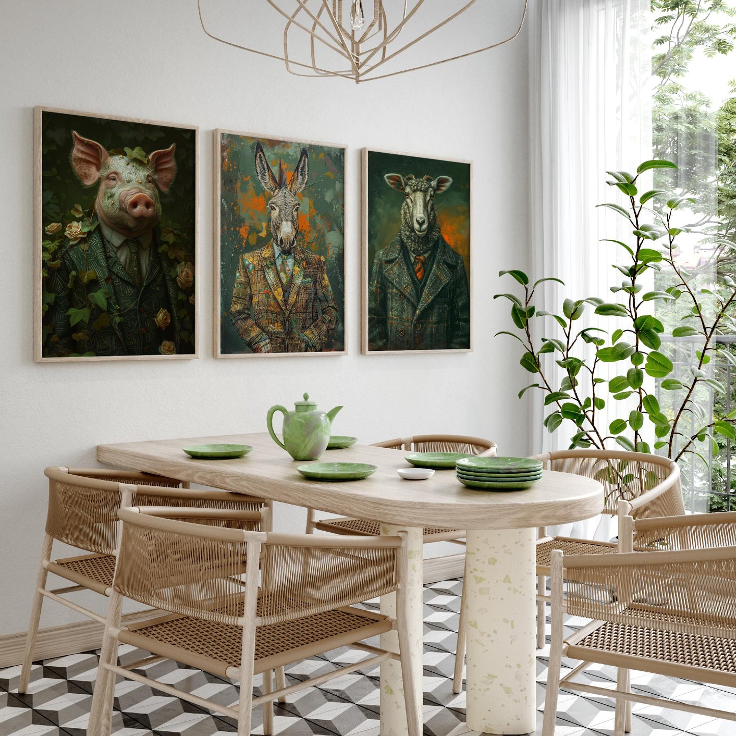 Animals in Suits Farmstead Set of Three Art Prints - Pig, Donkey, Sheep Portrait Posters - Country Farm Animal Painting