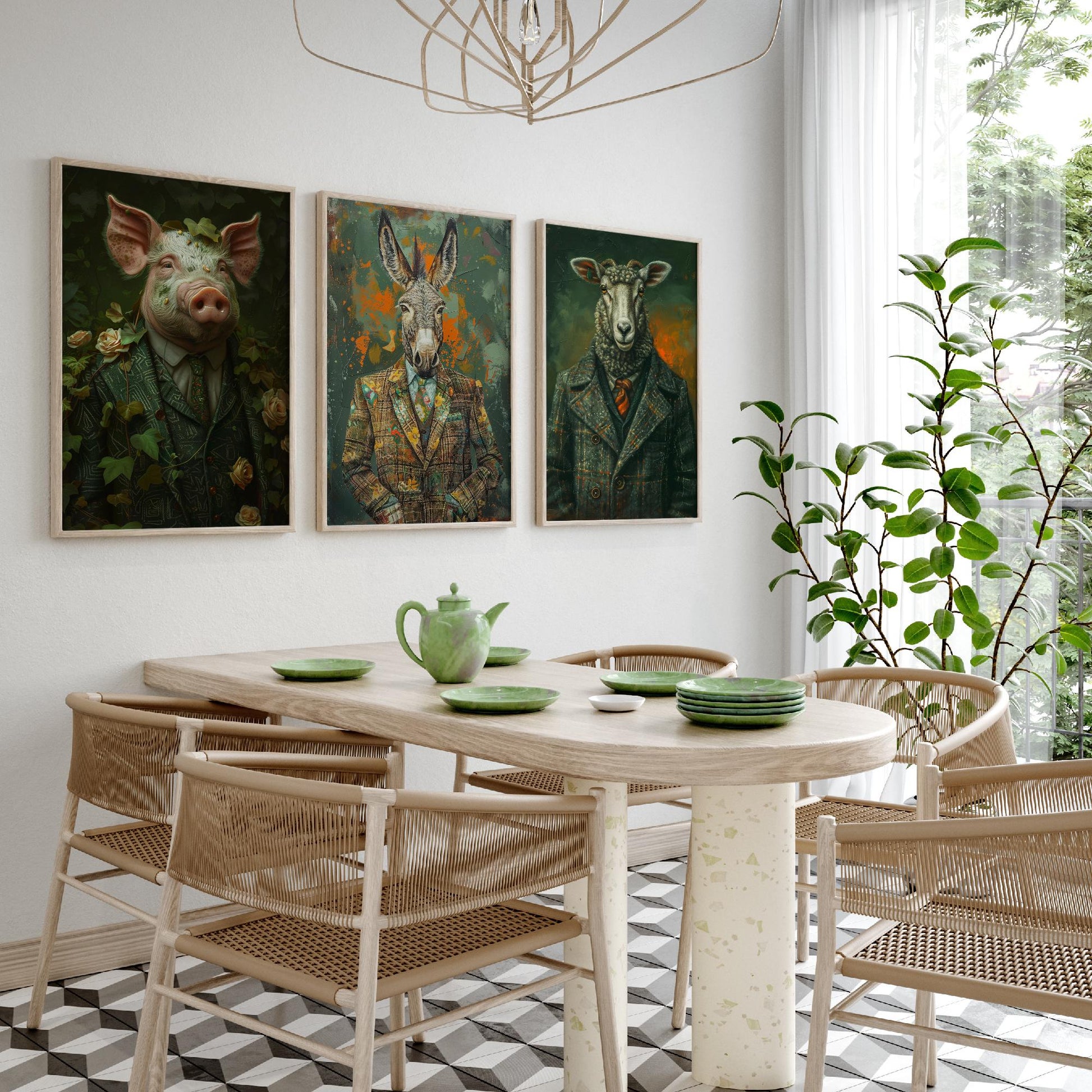 Animals in Suits Farmstead Set of Three Art Prints - Pig, Donkey, Sheep Portrait Posters - Country Farm Animal Painting