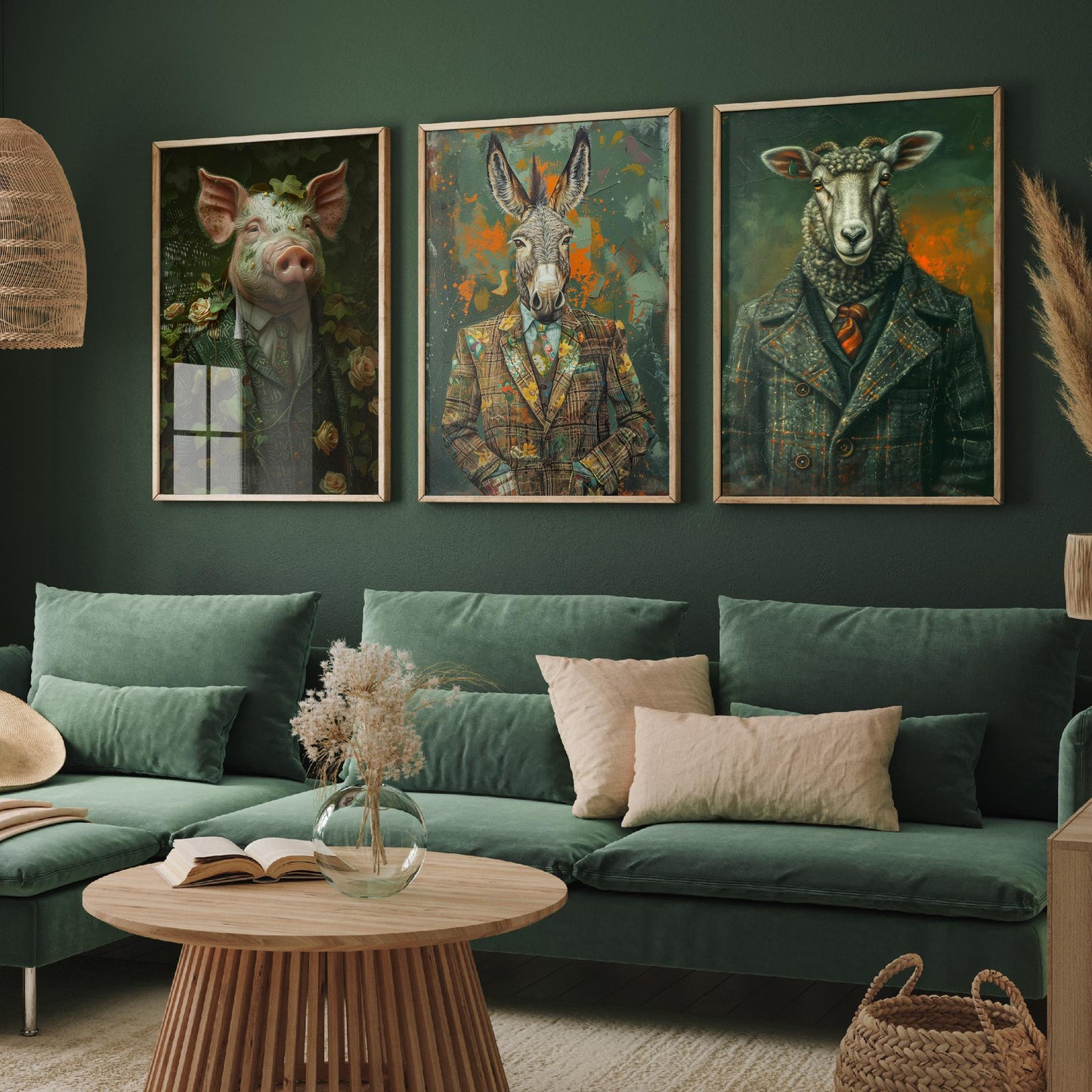 Animals in Suits Farmstead Set of Three Art Prints - Pig, Donkey, Sheep Portrait Posters - Country Farm Animal Painting