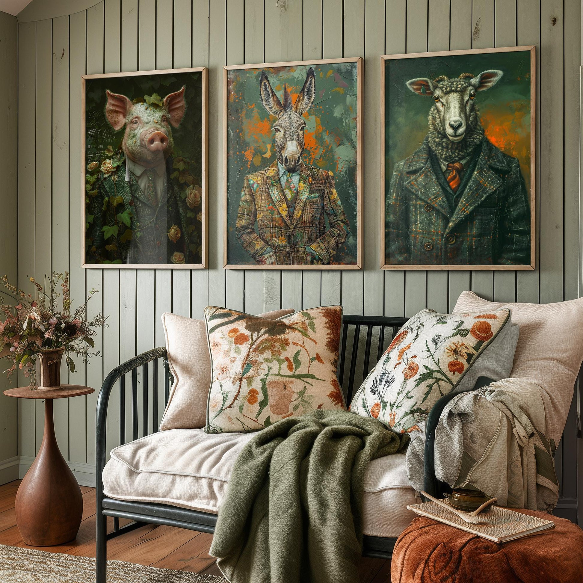 Animals in Suits Farmstead Set of Three Art Prints - Pig, Donkey, Sheep Portrait Posters - Country Farm Animal Painting