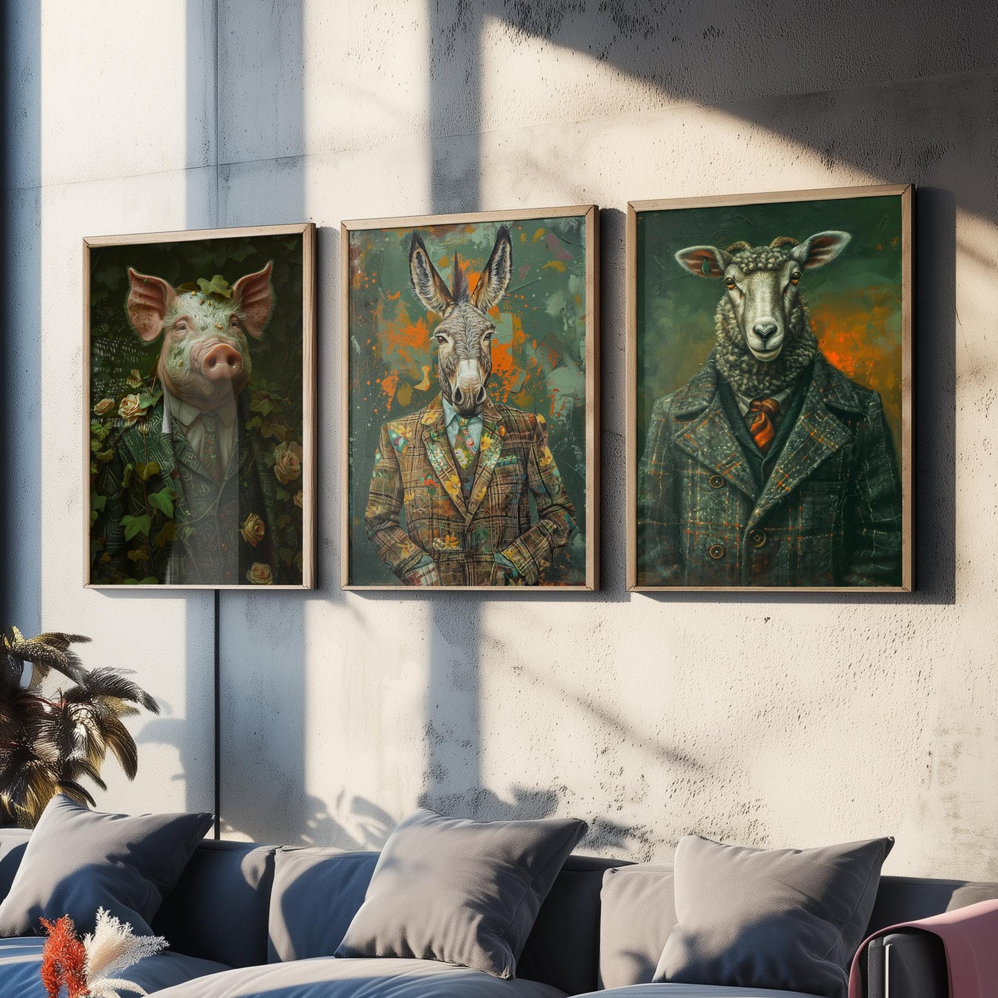 Animals in Suits Farmstead Set of Three Art Prints - Pig, Donkey, Sheep Portrait Posters - Country Farm Animal Painting