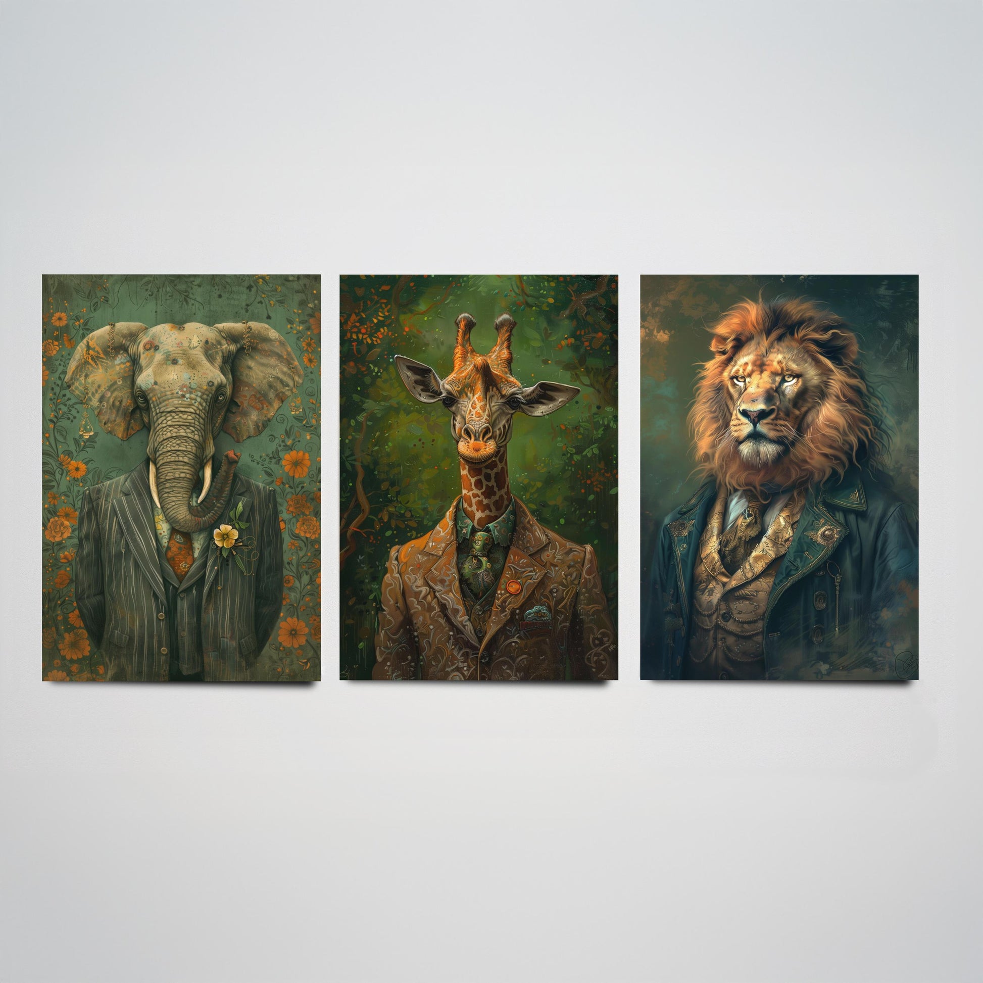 Animals in Suits Set of Three Art Prints - Elephant, Giraffe, Lion Portrait Posters - Safari Gentleman Animal Painting