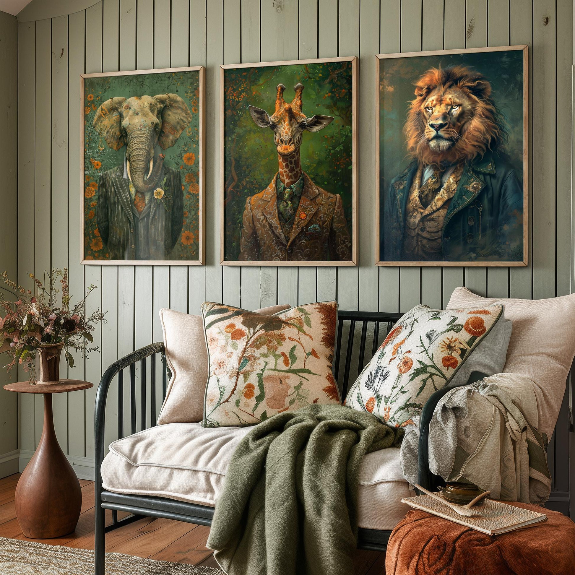 Animals in Suits Set of Three Art Prints - Elephant, Giraffe, Lion Portrait Posters - Safari Gentleman Animal Painting
