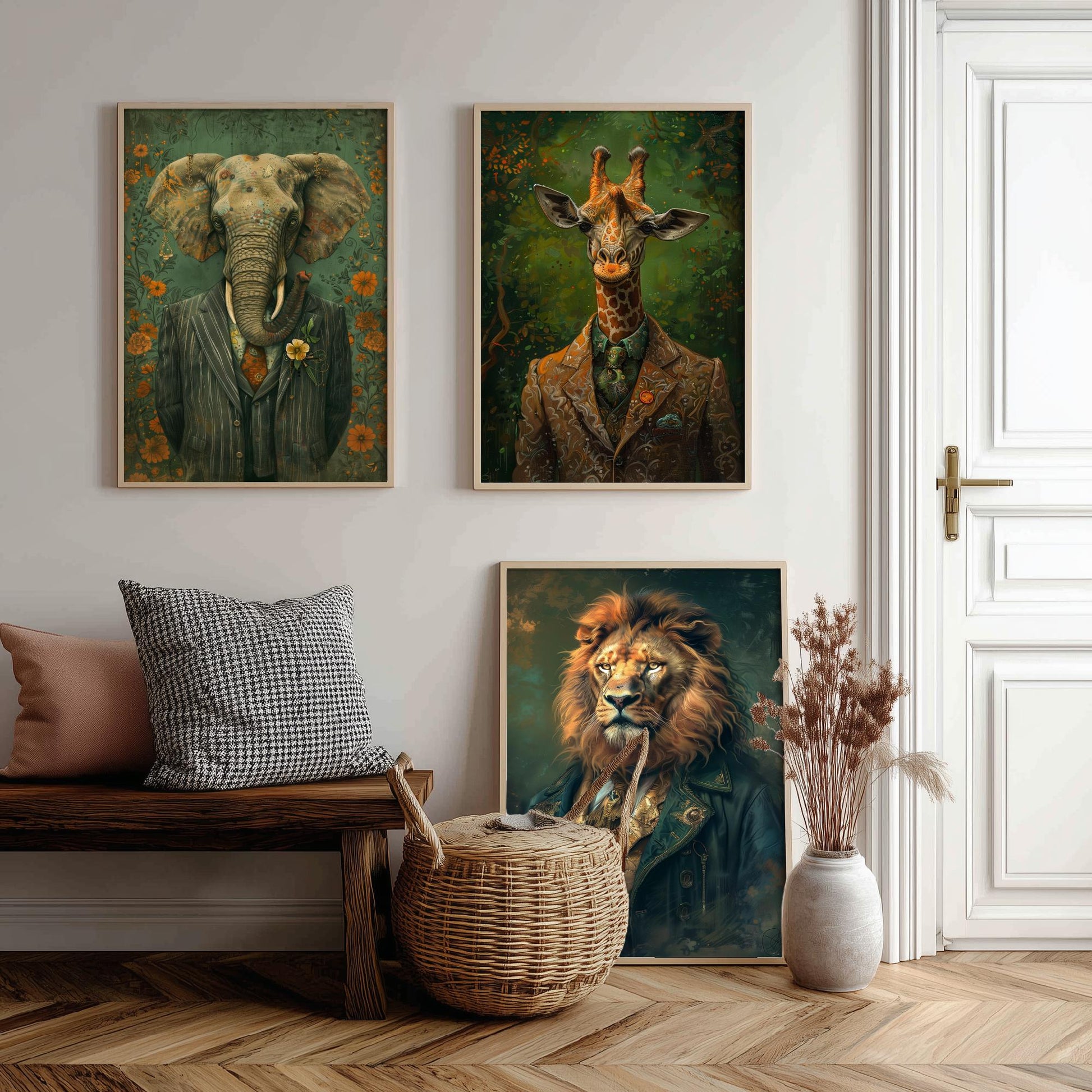 Animals in Suits Set of Three Art Prints - Elephant, Giraffe, Lion Portrait Posters - Safari Gentleman Animal Painting