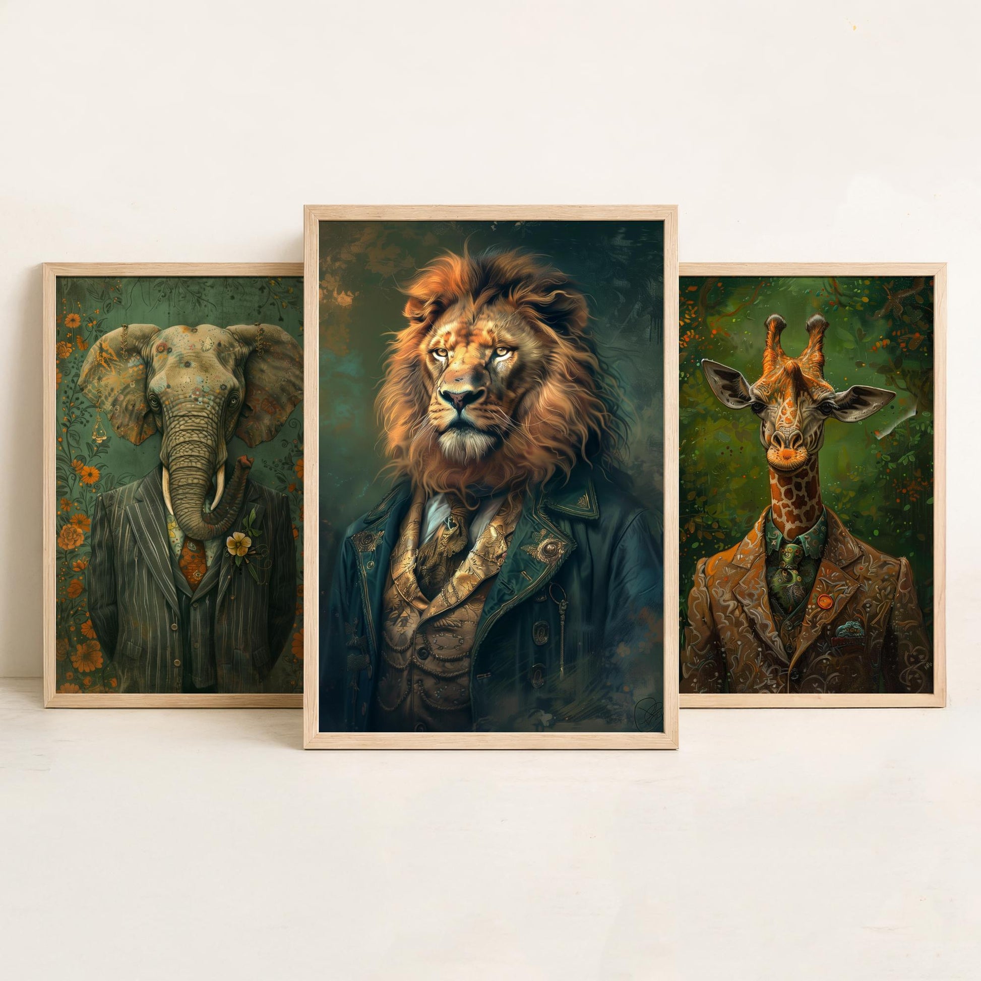 Animals in Suits Set of Three Art Prints - Elephant, Giraffe, Lion Portrait Posters - Safari Gentleman Animal Painting