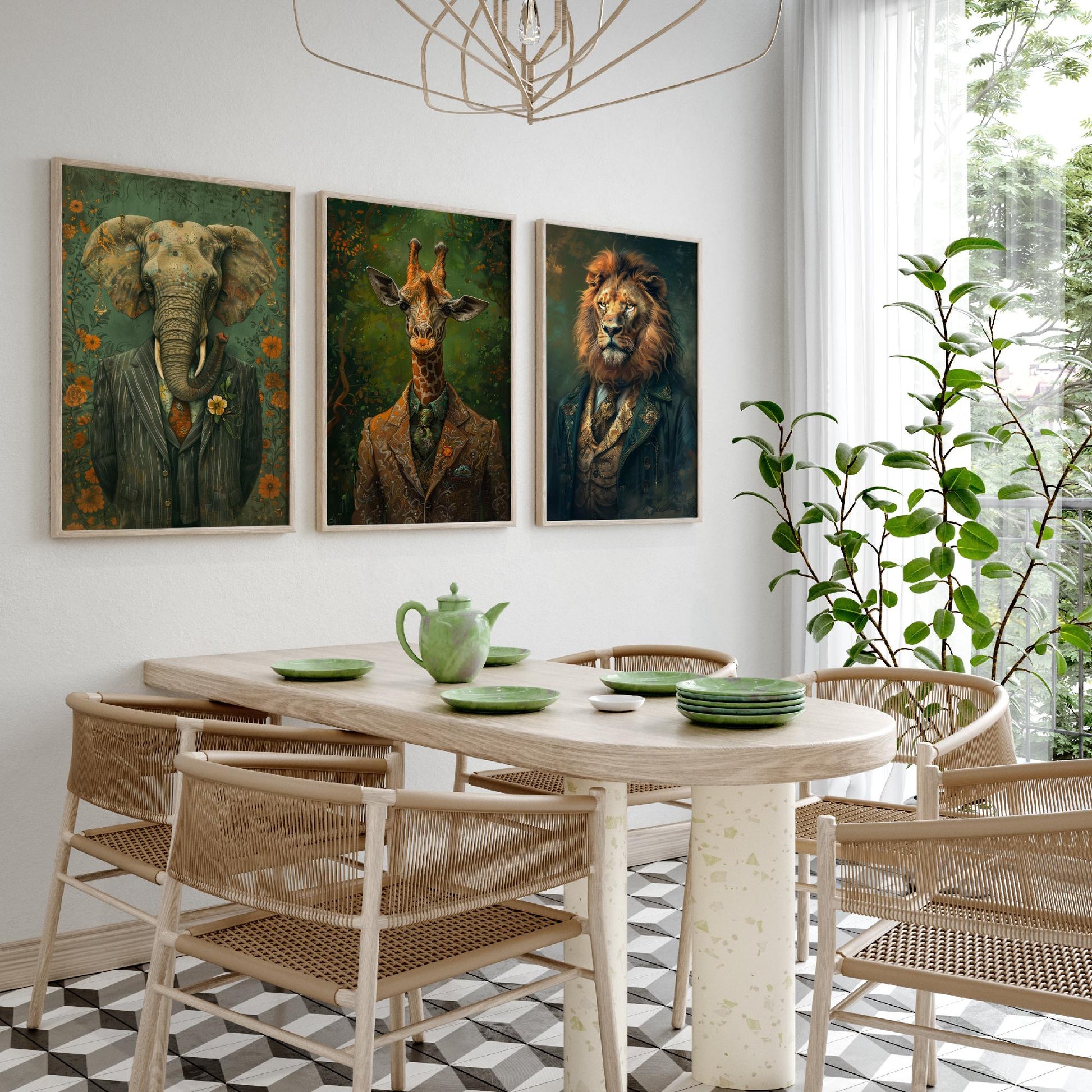 Animals in Suits Set of Three Art Prints - Elephant, Giraffe, Lion Portrait Posters - Safari Gentleman Animal Painting