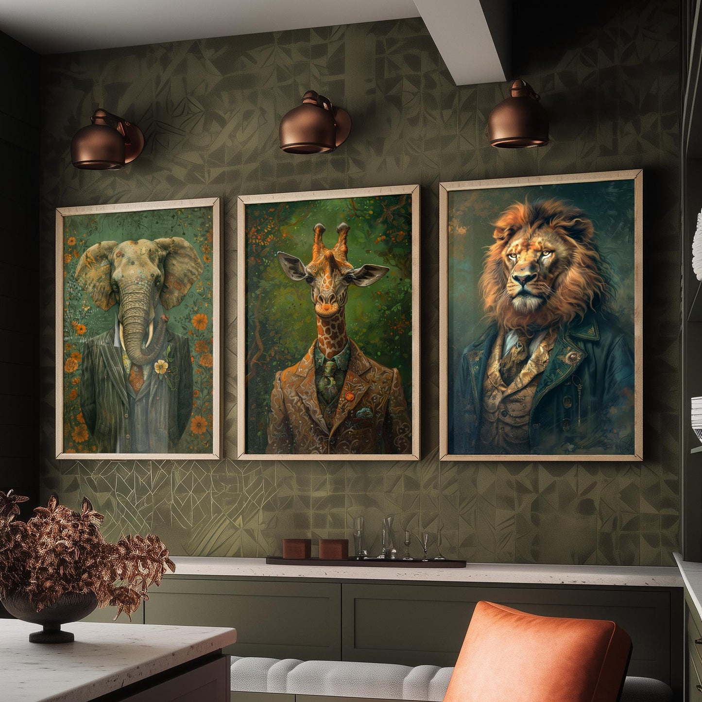 Animals in Suits Set of Three Art Prints - Elephant, Giraffe, Lion Portrait Posters - Safari Gentleman Animal Painting