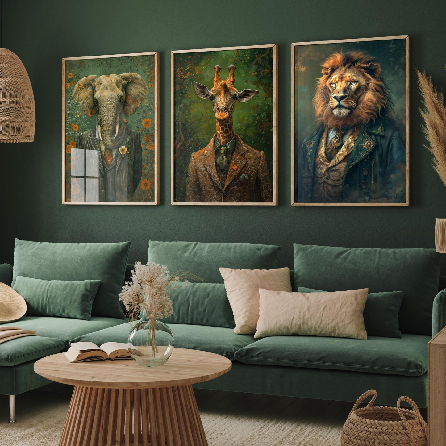 Animals in Suits Set of Three Art Prints - Elephant, Giraffe, Lion Portrait Posters - Safari Gentleman Animal Painting
