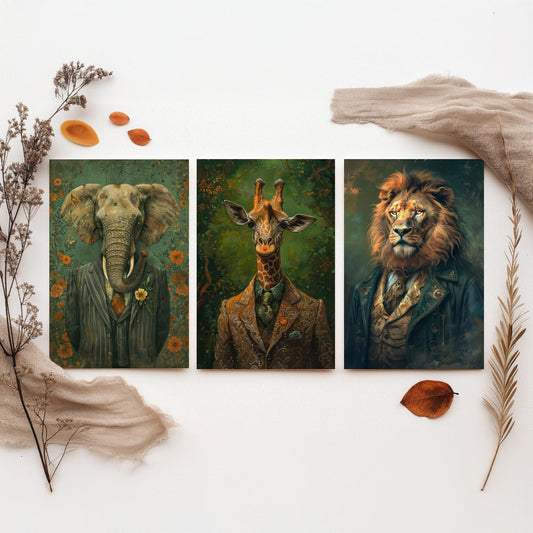 Animals in Suits Set of Three Art Prints - Elephant, Giraffe, Lion Portrait Posters - Safari Gentleman Animal Painting