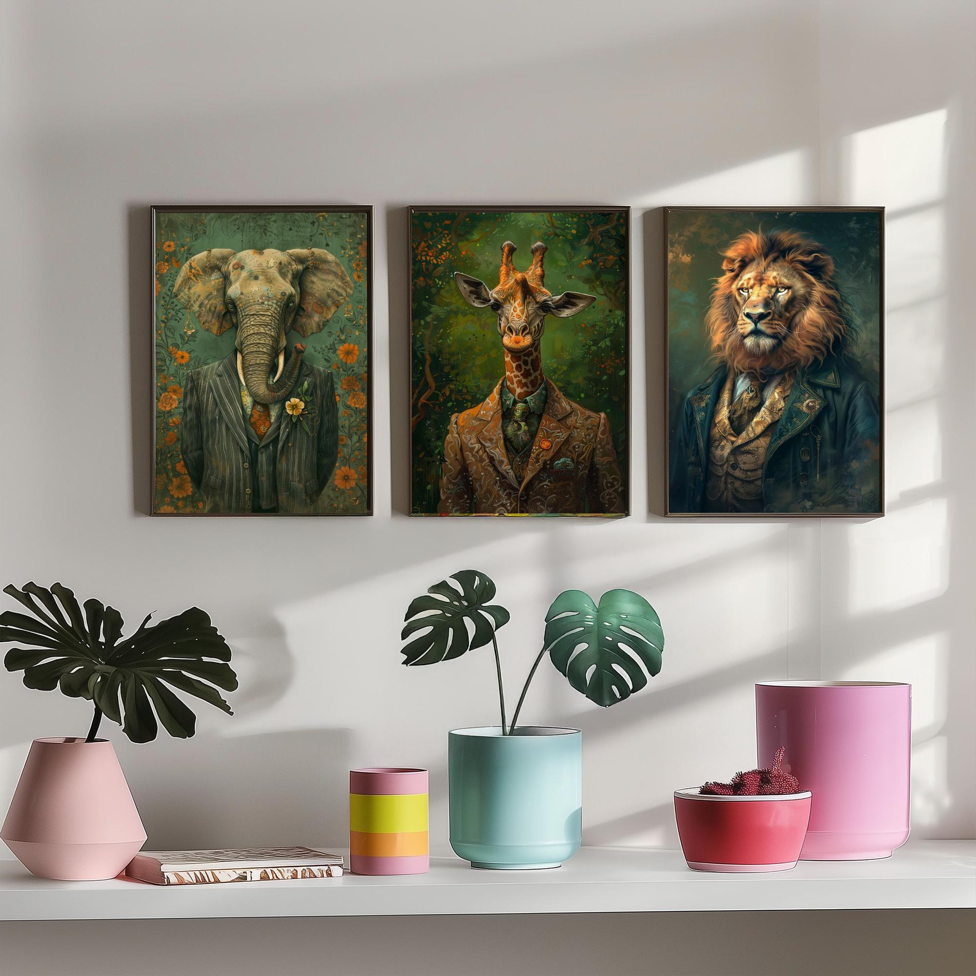 Animals in Suits Set of Three Art Prints - Elephant, Giraffe, Lion Portrait Posters - Safari Gentleman Animal Painting