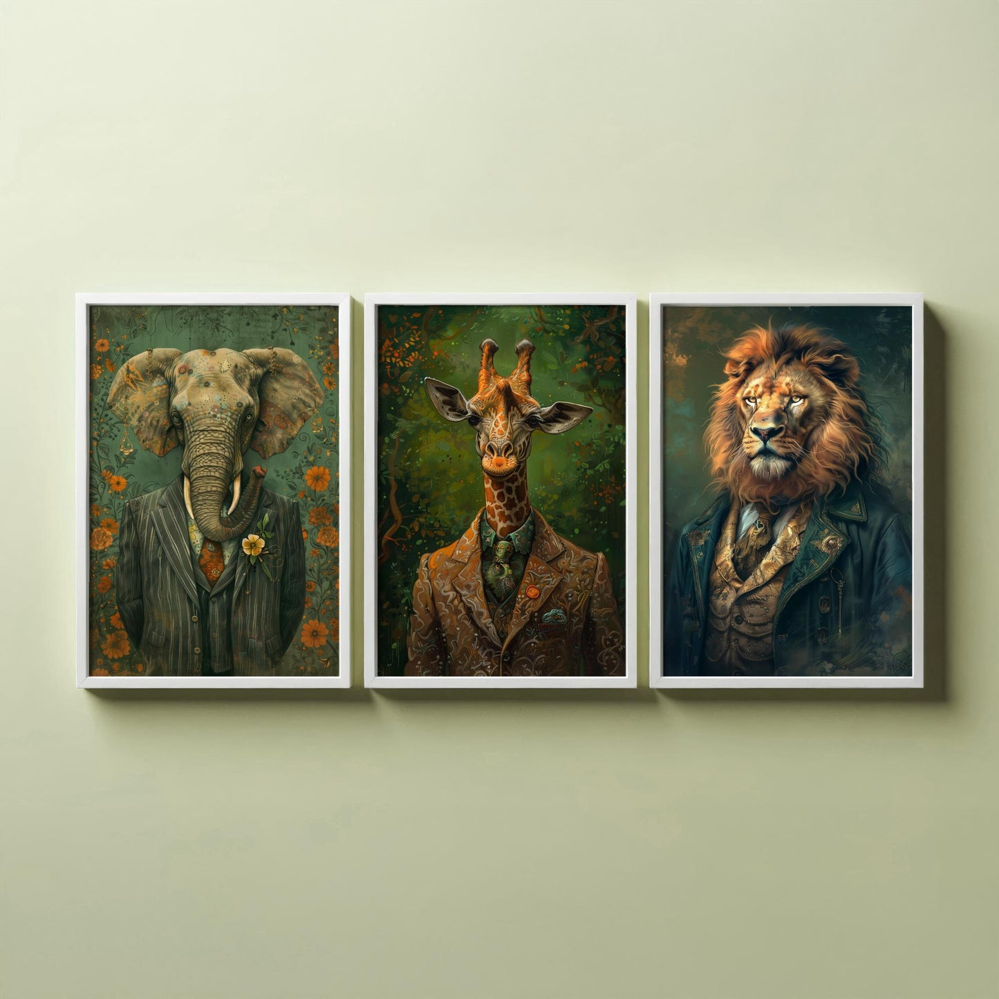 Animals in Suits Set of Three Art Prints - Elephant, Giraffe, Lion Portrait Posters - Safari Gentleman Animal Painting