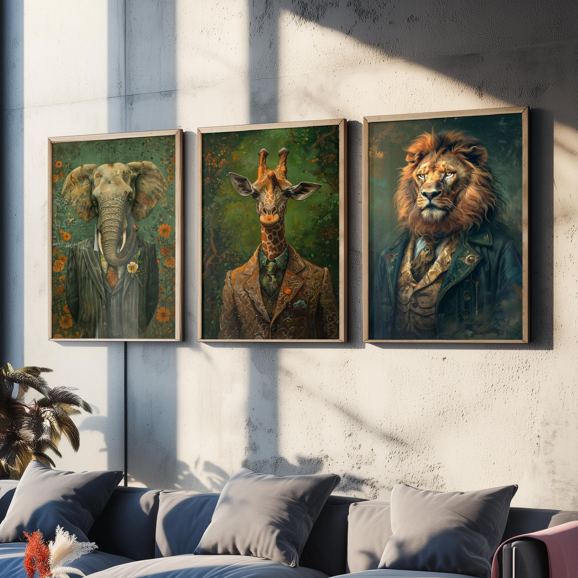 Animals in Suits Set of Three Art Prints - Elephant, Giraffe, Lion Portrait Posters - Safari Gentleman Animal Painting