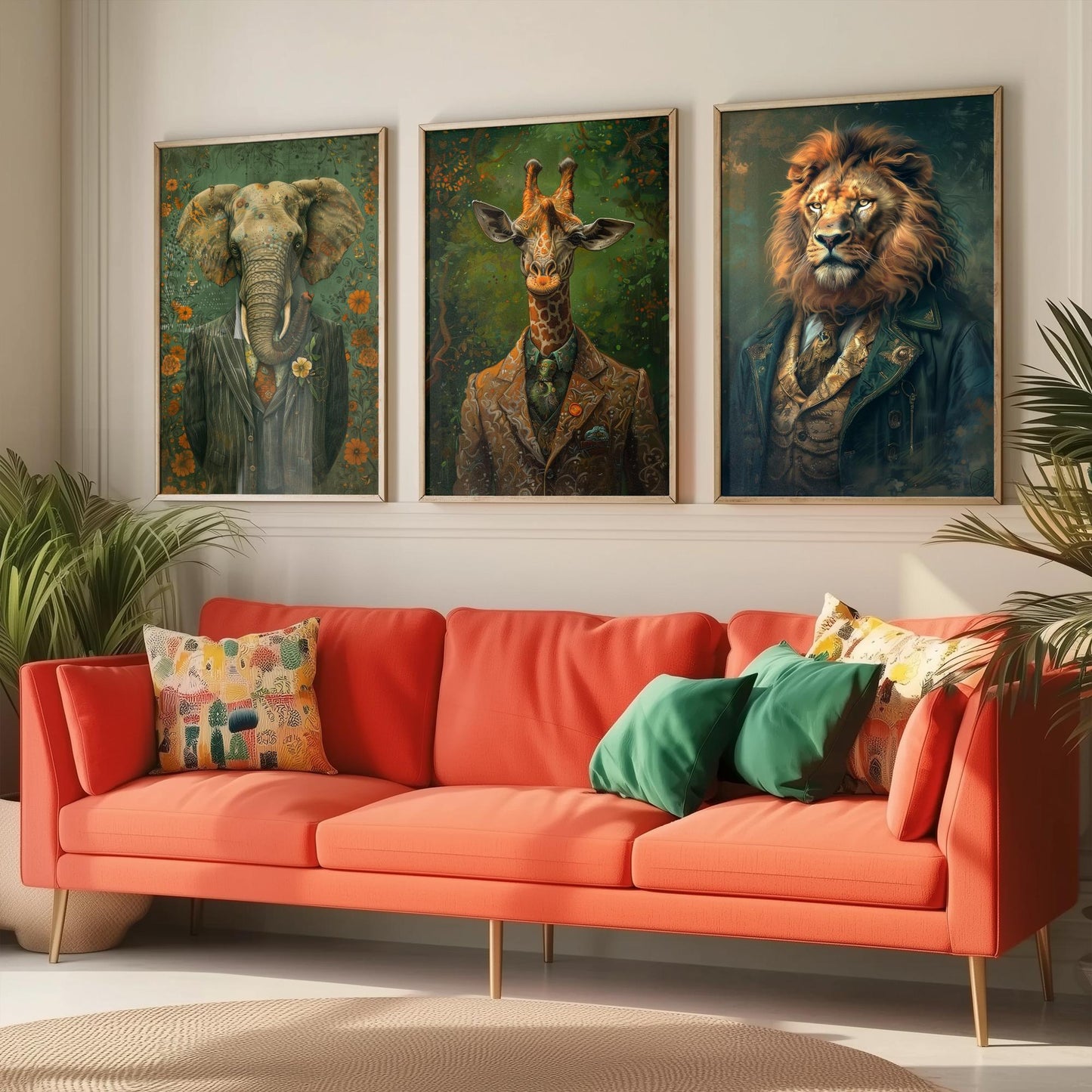 Animals in Suits Set of Three Art Prints - Elephant, Giraffe, Lion Portrait Posters - Safari Gentleman Animal Painting