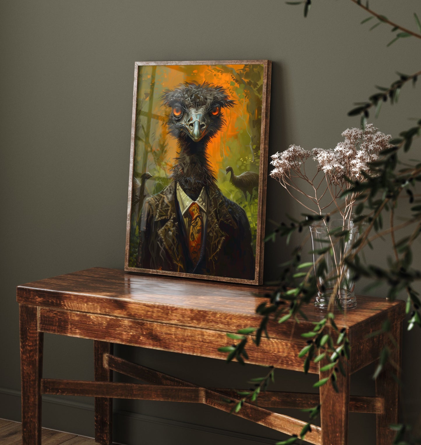Emu in a Suit Art Print - Whimsical Animal Portrait Poster - Quirky Emu Painting - Dapper Gent 1/3