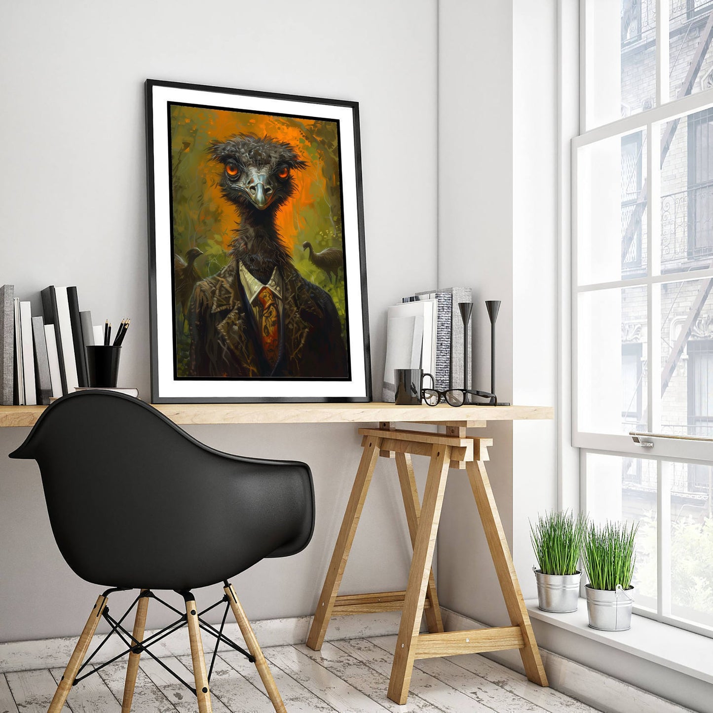 Emu in a Suit Art Print - Whimsical Animal Portrait Poster - Quirky Emu Painting - Dapper Gent 1/3