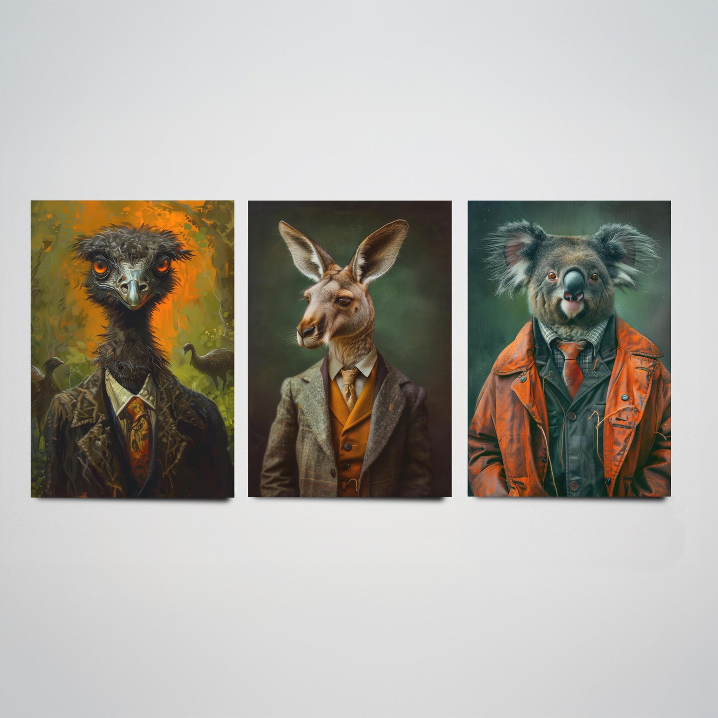 Animals in Suits Set of Three Art Prints - Emu, Kangaroo, Koala Portrait Posters - Australian Animal Painting Wall Decor