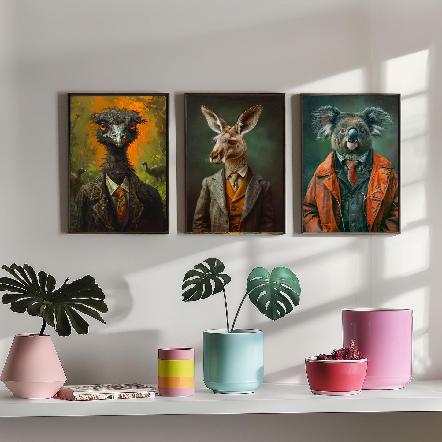 Animals in Suits Set of Three Art Prints - Emu, Kangaroo, Koala Portrait Posters - Australian Animal Painting Wall Decor