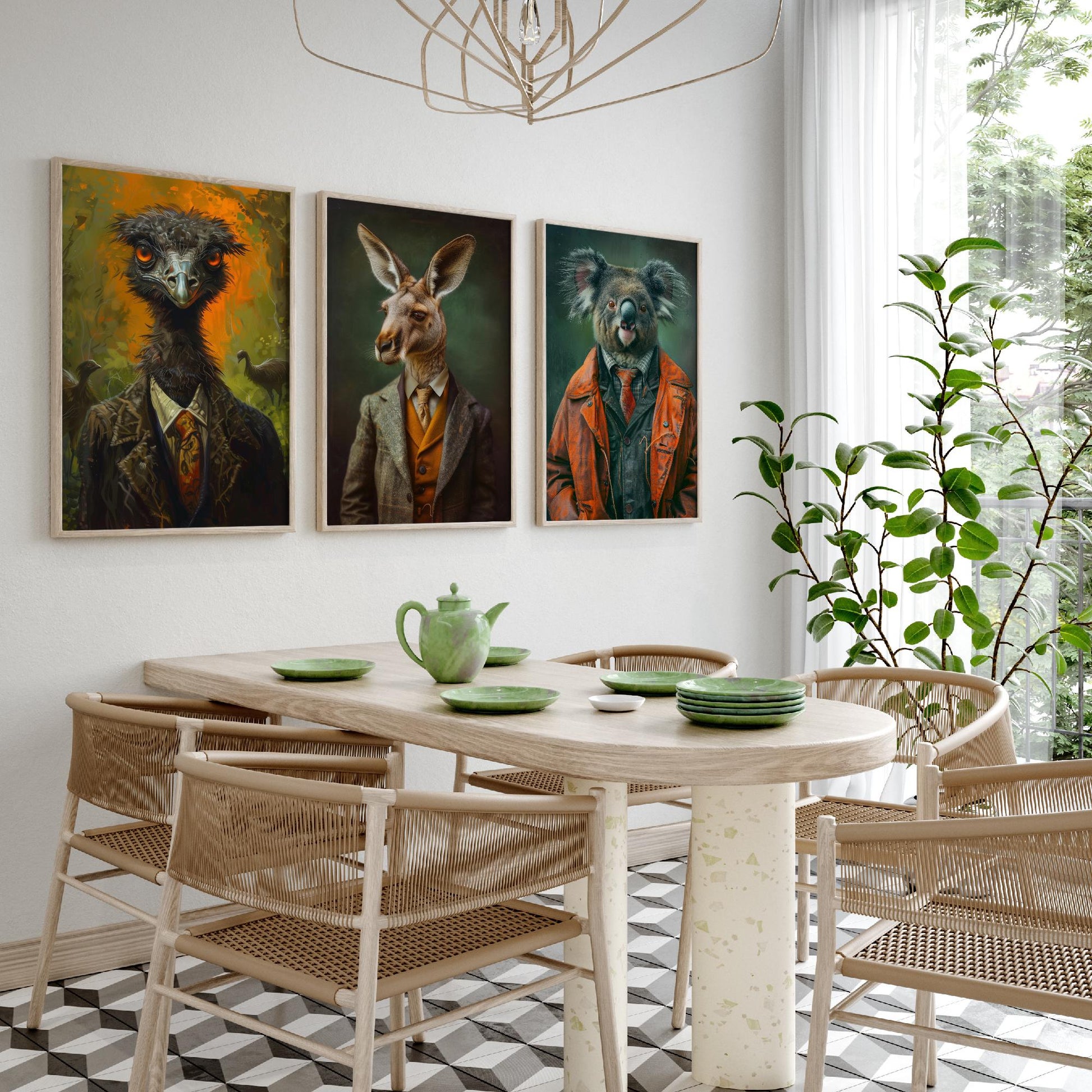 Animals in Suits Set of Three Art Prints - Emu, Kangaroo, Koala Portrait Posters - Australian Animal Painting Wall Decor