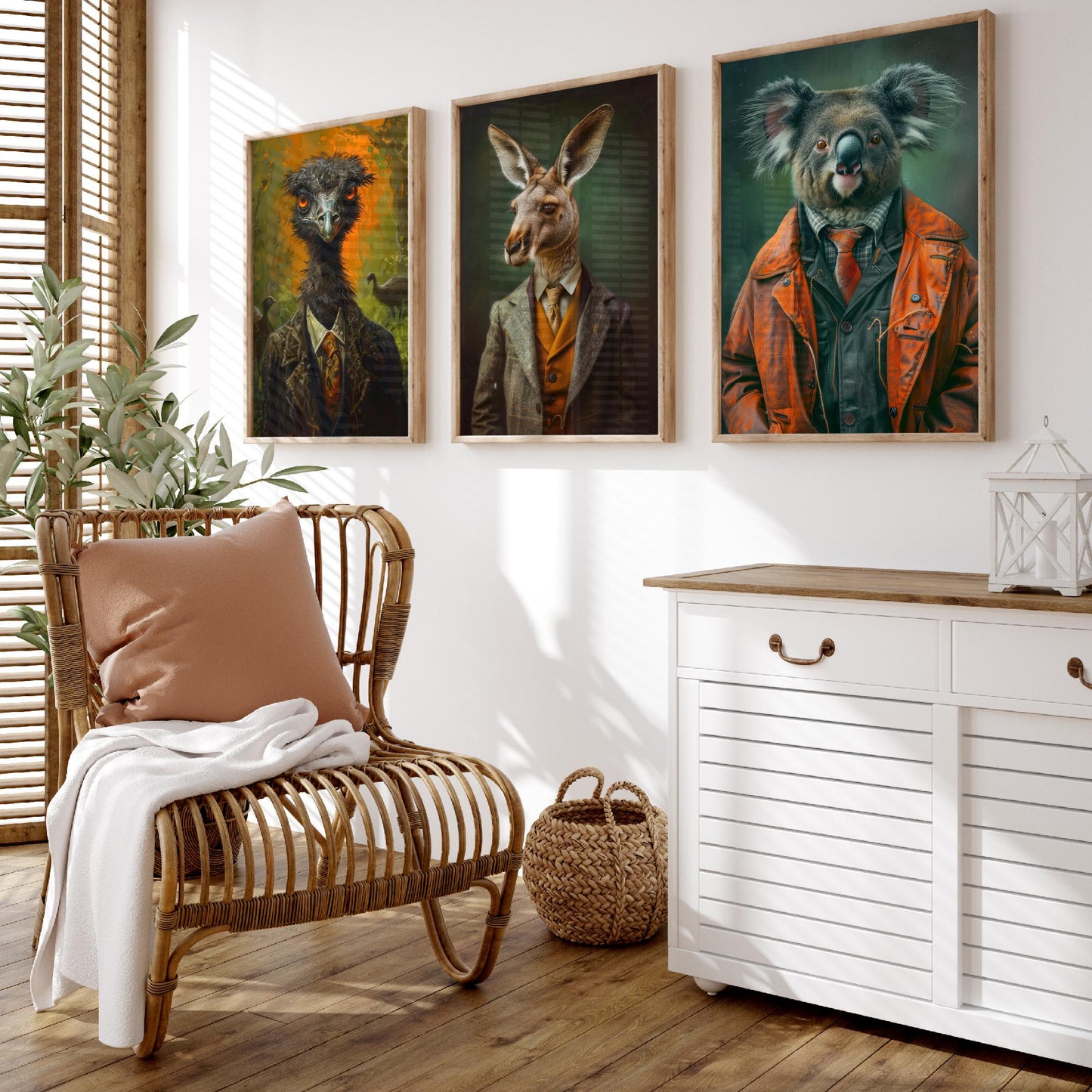 Animals in Suits Set of Three Art Prints - Emu, Kangaroo, Koala Portrait Posters - Australian Animal Painting Wall Decor