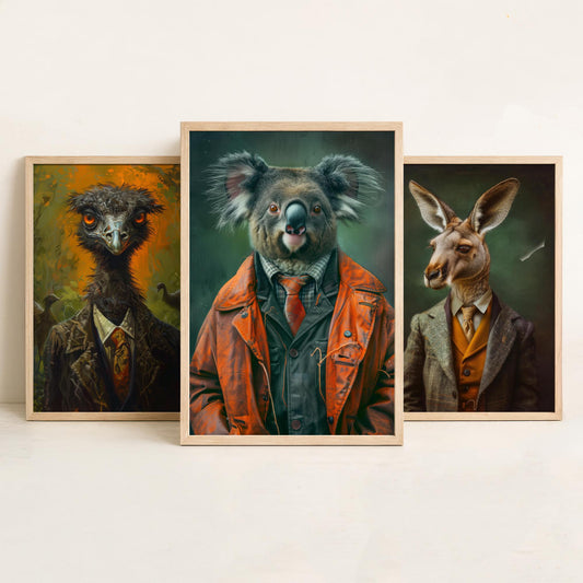 Animals in Suits Set of Three Art Prints - Emu, Kangaroo, Koala Portrait Posters - Australian Animal Painting Wall Decor