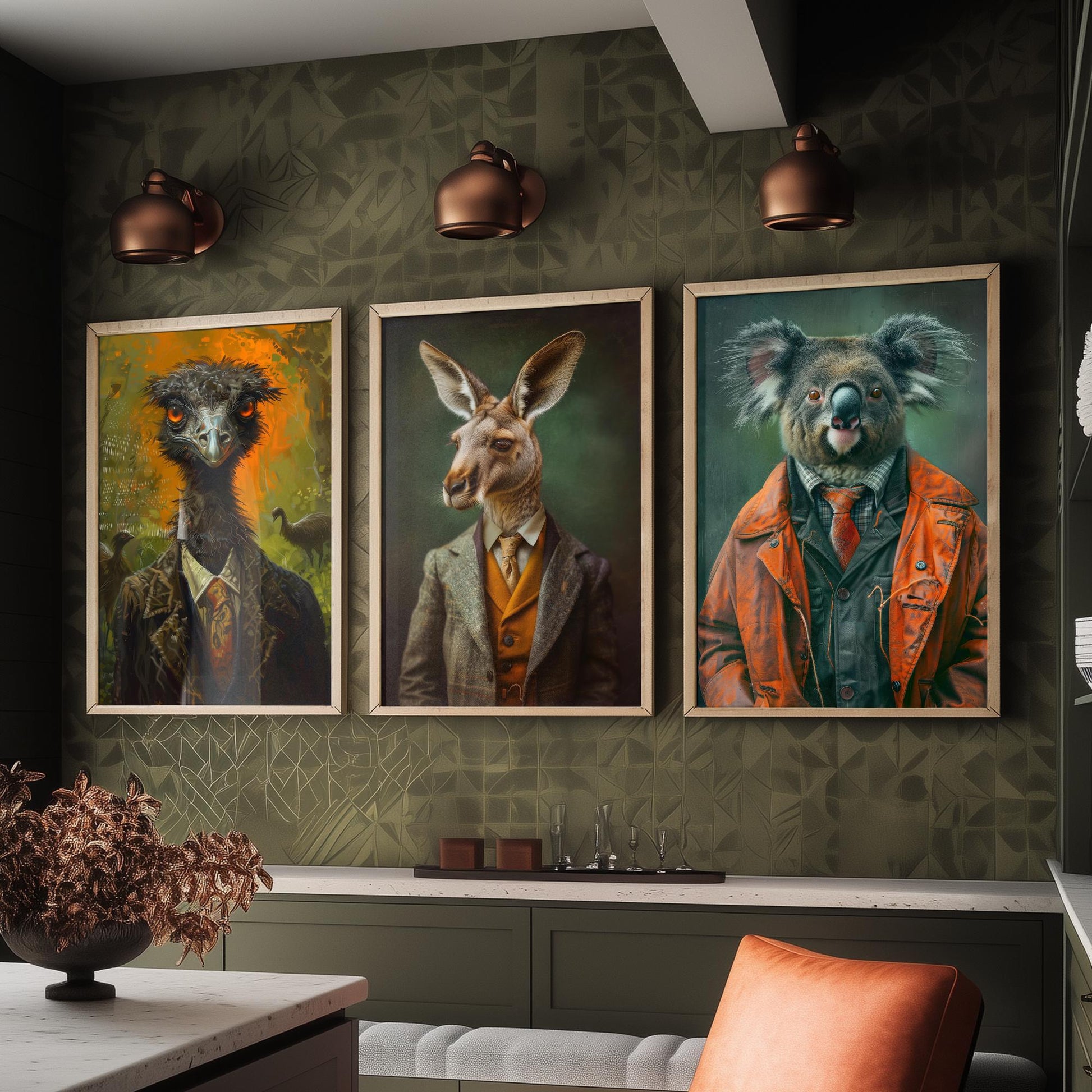 Animals in Suits Set of Three Art Prints - Emu, Kangaroo, Koala Portrait Posters - Australian Animal Painting Wall Decor