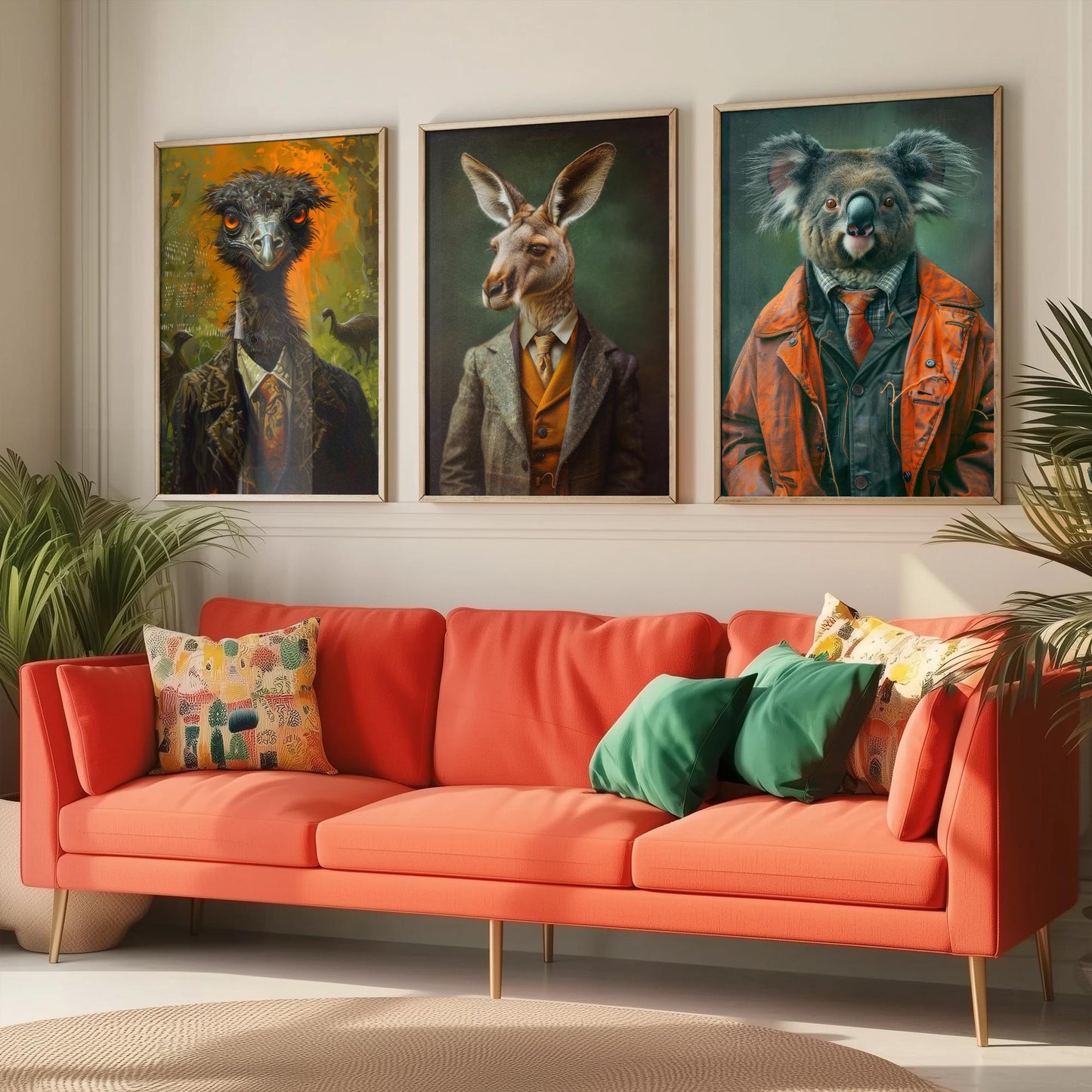 Animals in Suits Set of Three Art Prints - Emu, Kangaroo, Koala Portrait Posters - Australian Animal Painting Wall Decor