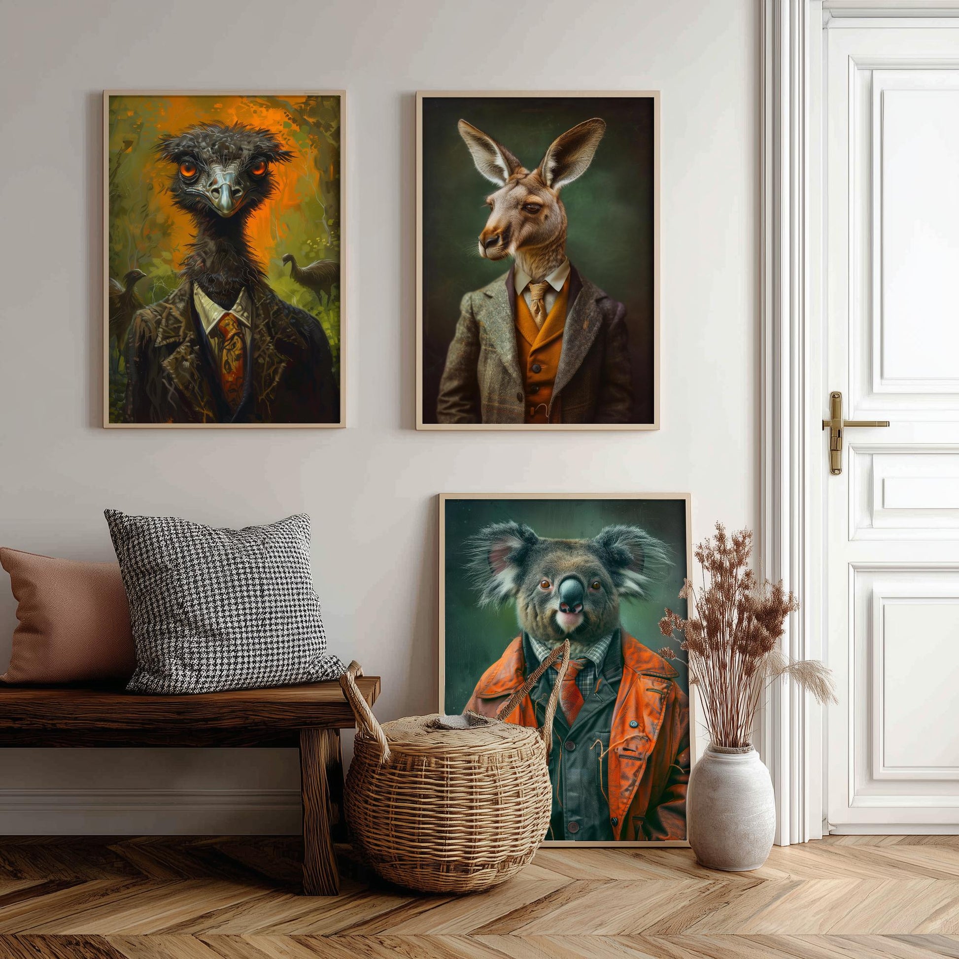 Animals in Suits Set of Three Art Prints - Emu, Kangaroo, Koala Portrait Posters - Australian Animal Painting Wall Decor