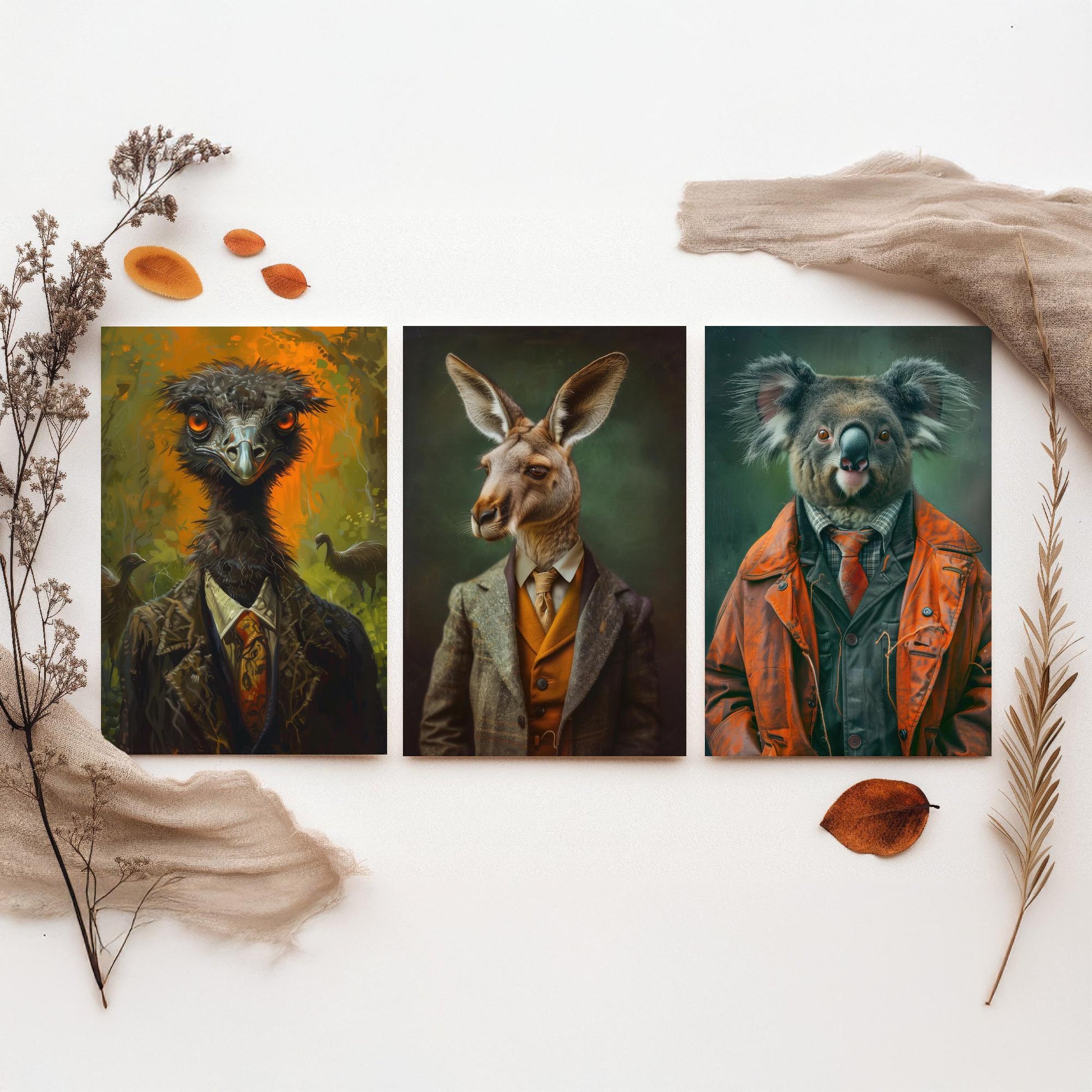 Animals in Suits Set of Three Art Prints - Emu, Kangaroo, Koala Portrait Posters - Australian Animal Painting Wall Decor