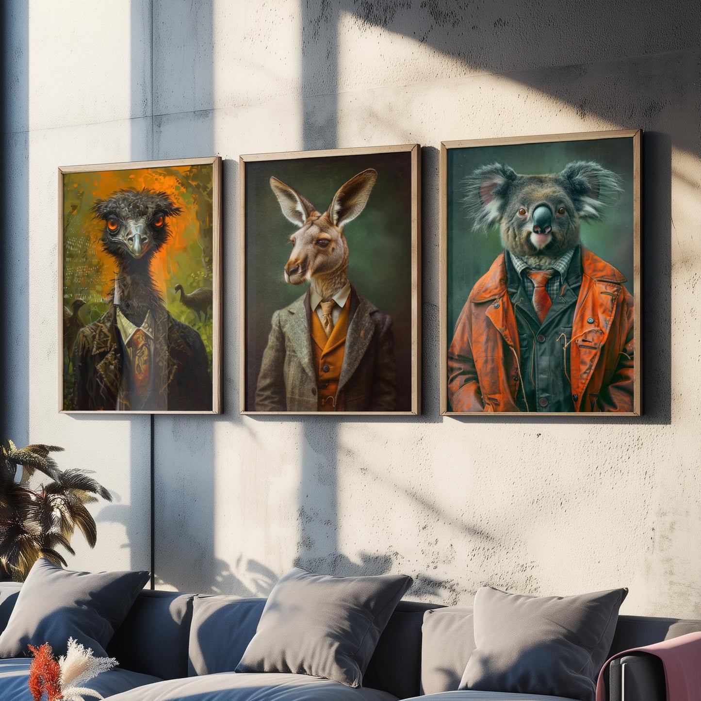 Animals in Suits Set of Three Art Prints - Emu, Kangaroo, Koala Portrait Posters - Australian Animal Painting Wall Decor