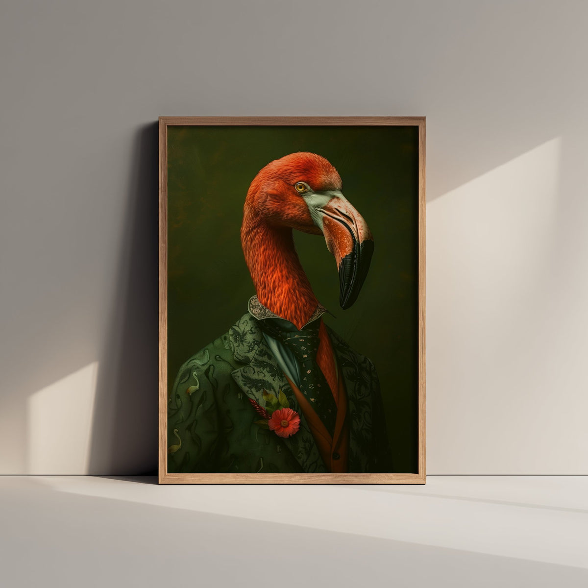 Flamingo in a Suit Art Print - Whimsical Animal Portrait Poster - Quirky Flamingo Painting - Green Suit Gent 1/3